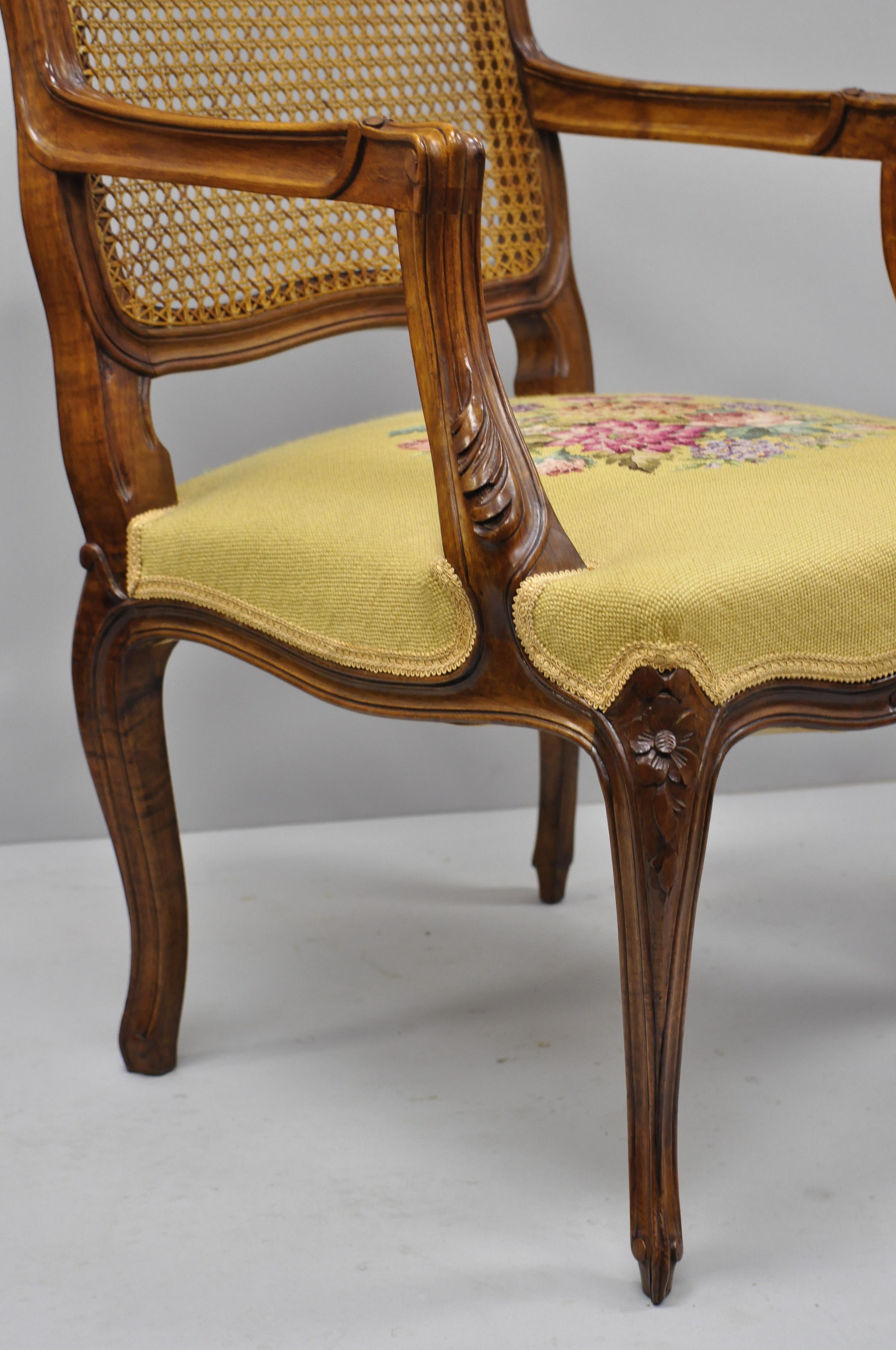 Pair of French Country Louis XV Style Cane Back Chair Needlepoint Armchairs 1