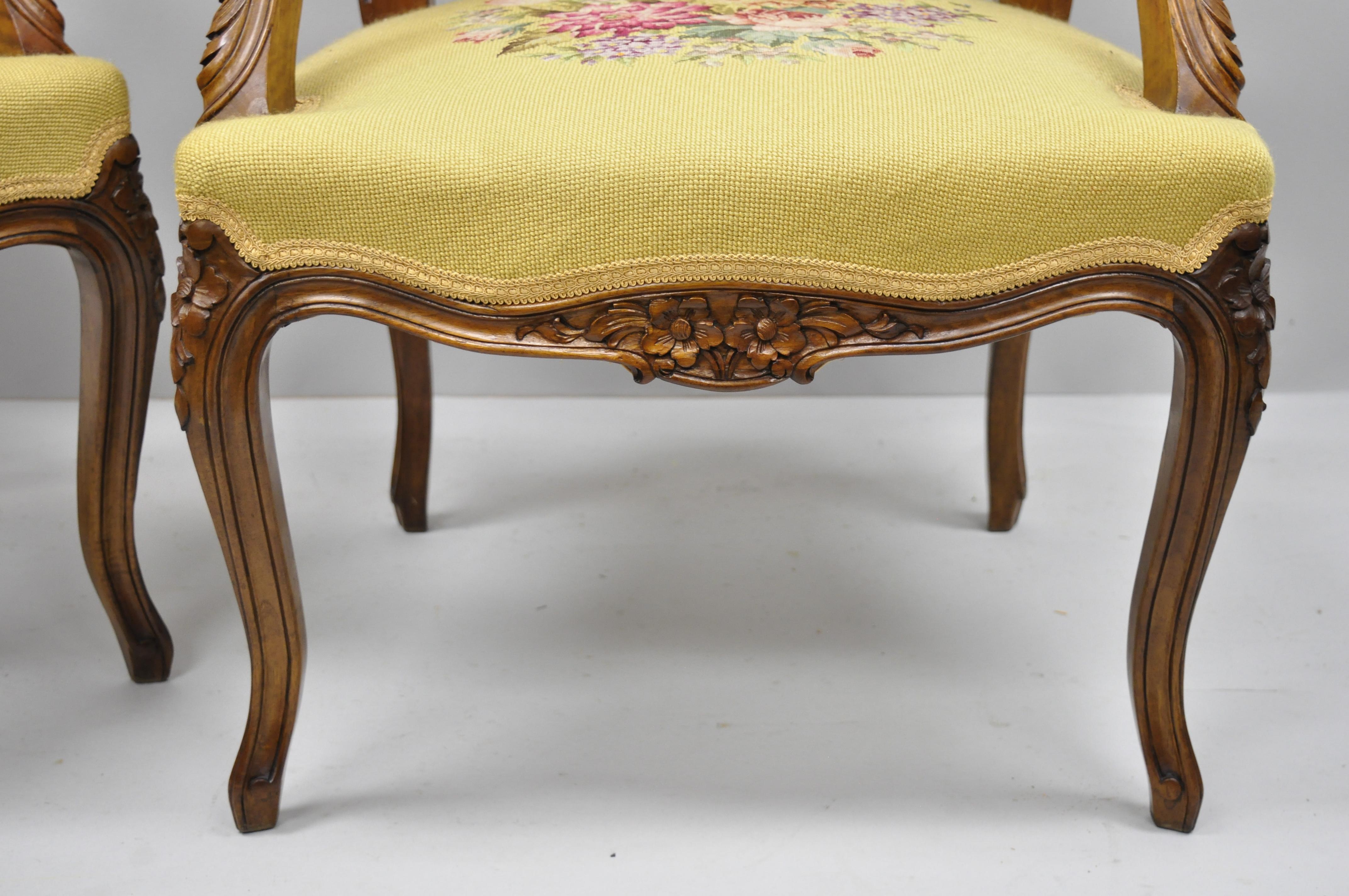 Pair of French Country Louis XV Style Cane Back Chair Needlepoint Armchairs 2