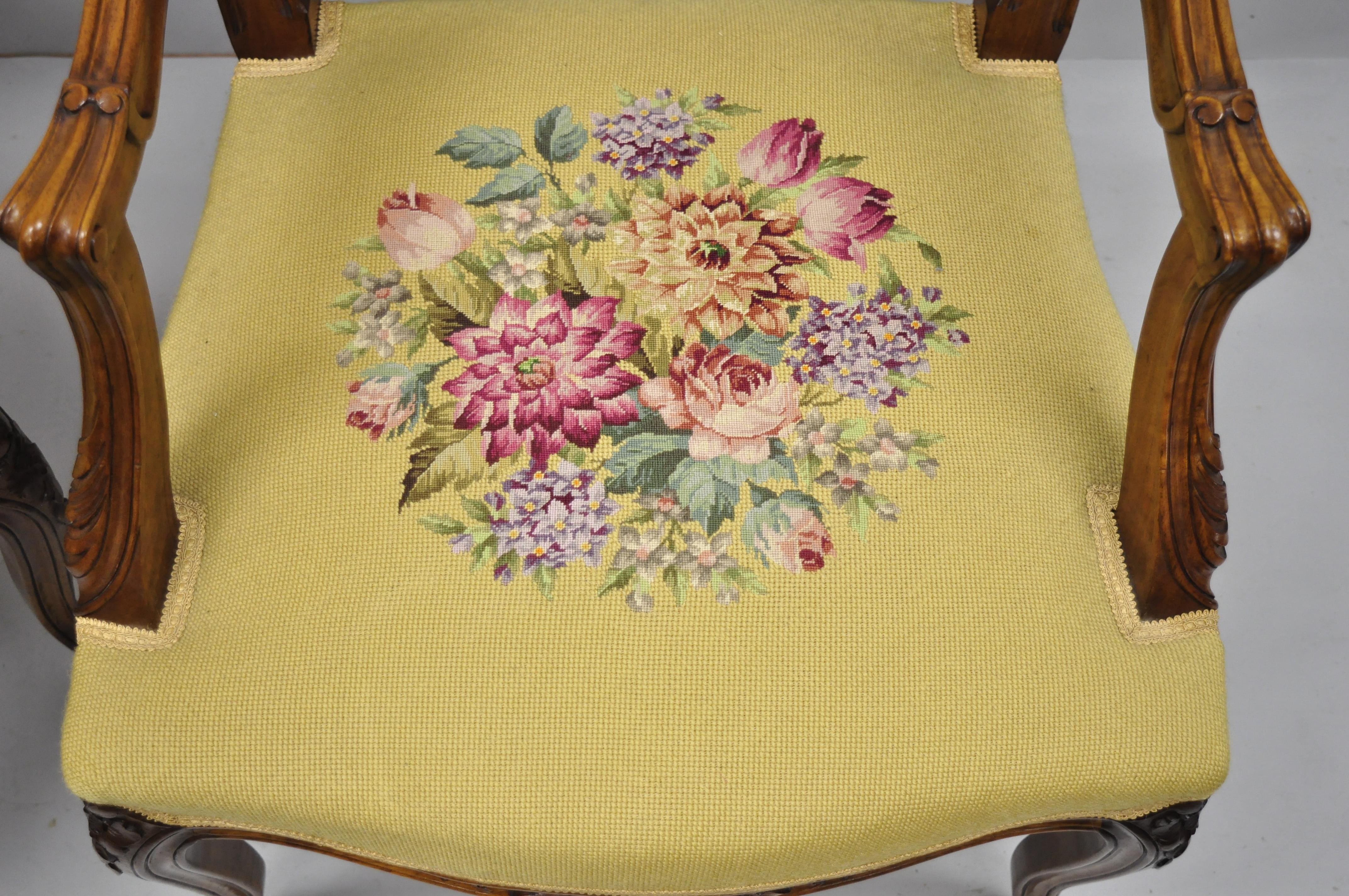 Pair of French Country Louis XV Style Cane Back Chair Needlepoint Armchairs 3