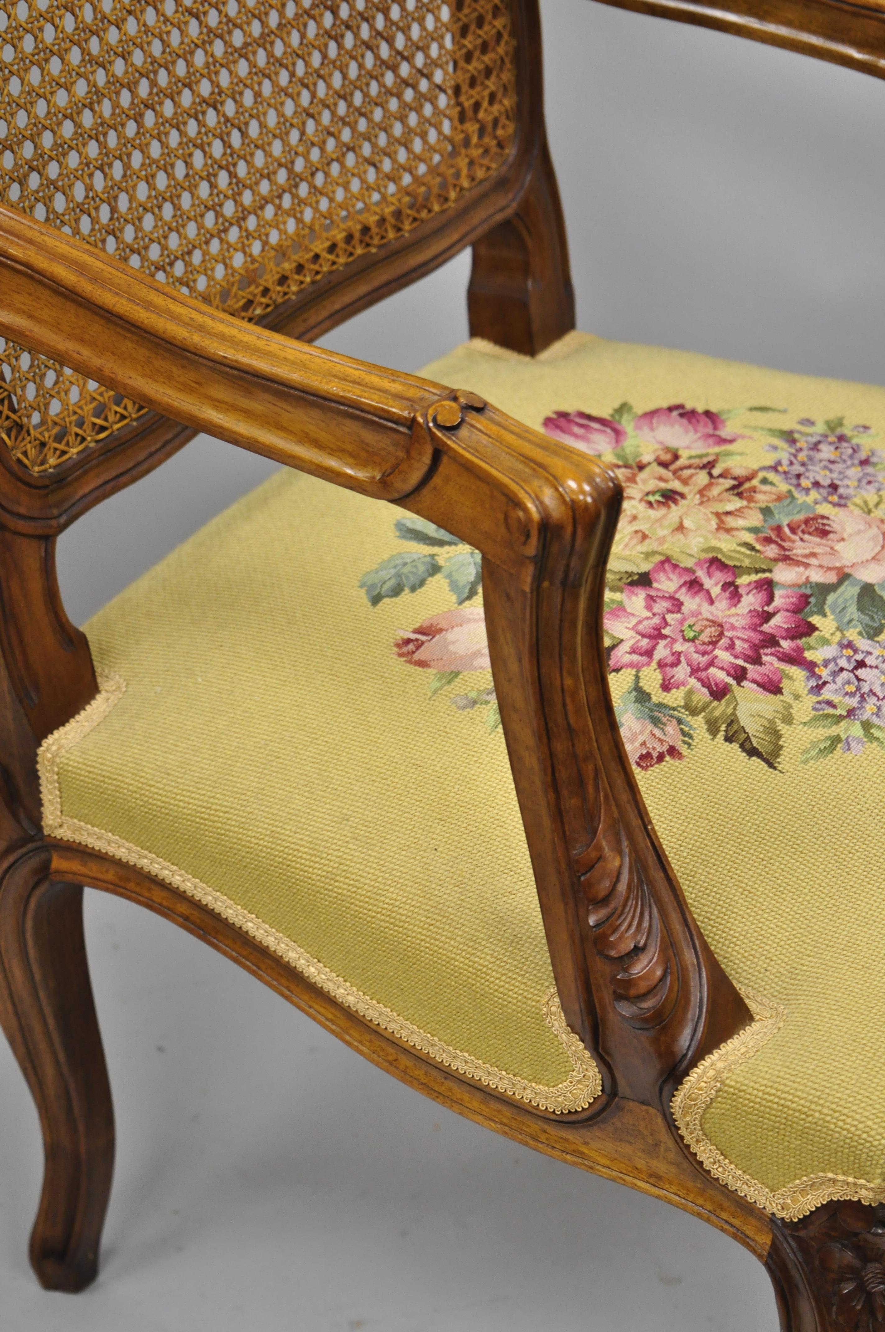 Pair of French Country Louis XV Style Cane Back Chair Needlepoint Armchairs 4