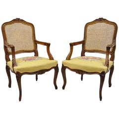 Pair of French Country Louis XV Style Cane Back Chair Needlepoint Armchairs