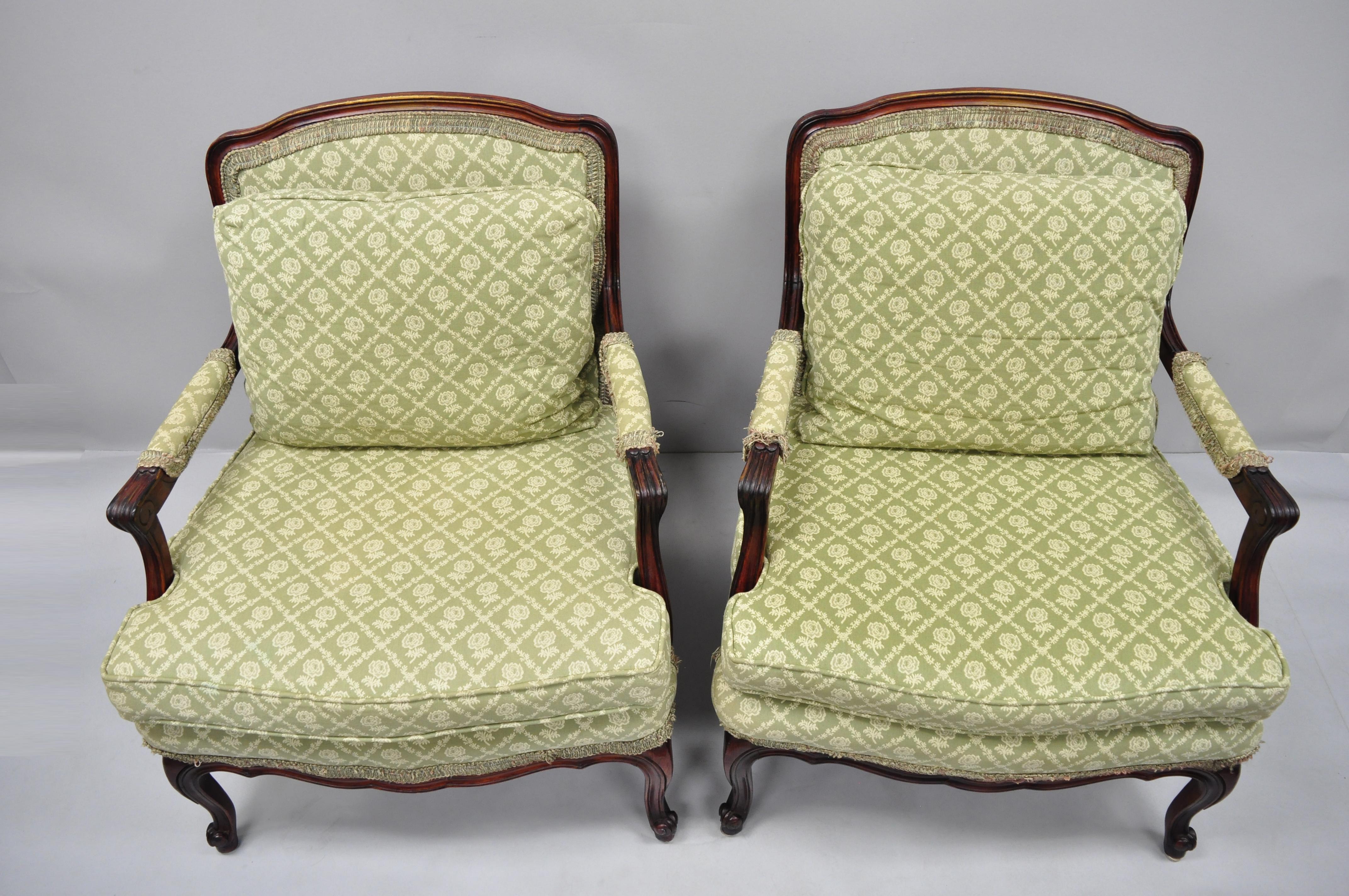 American Pair of French Country Louis XV Style Mahogany Bergere Chairs Armchairs