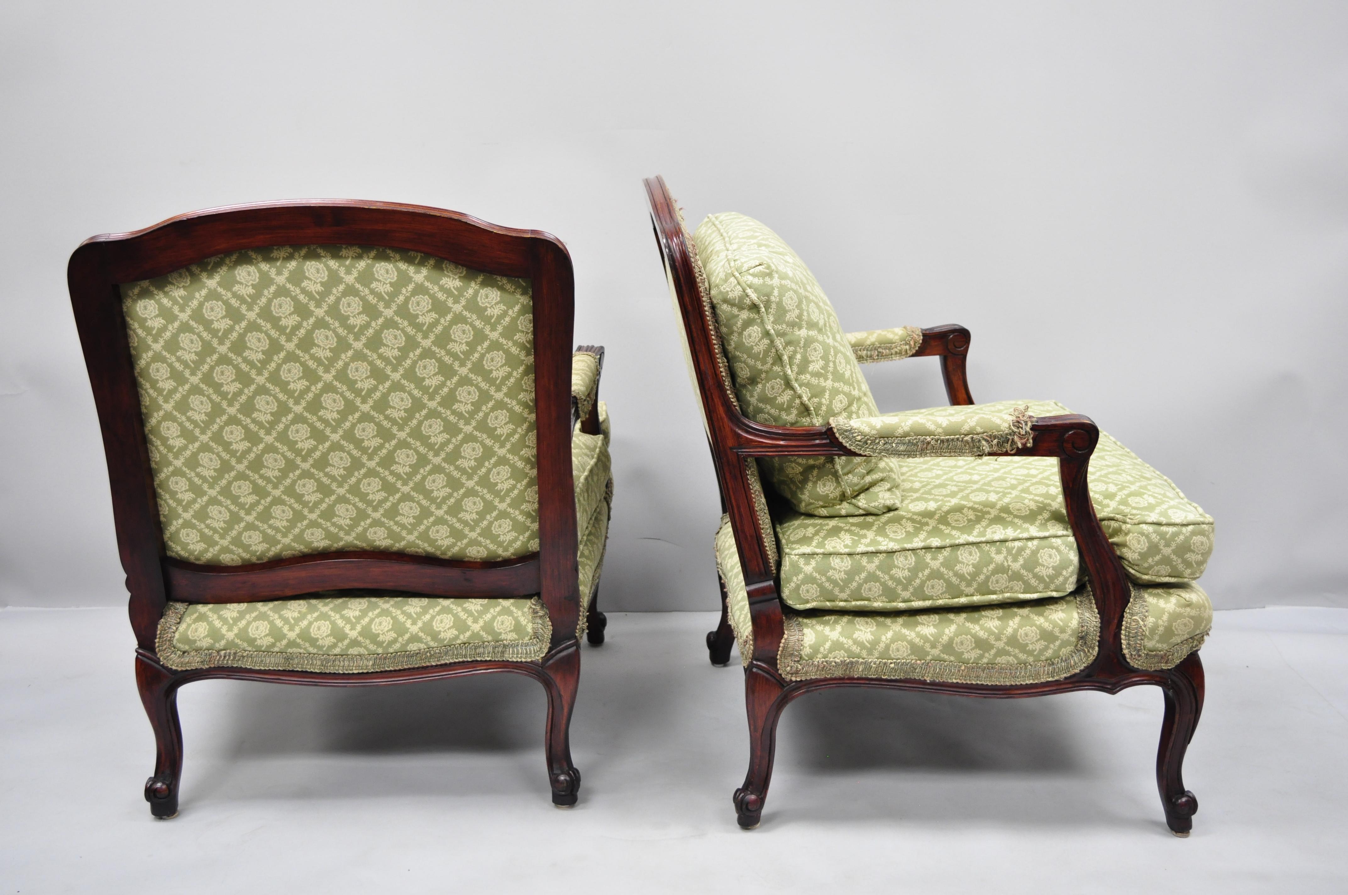 Pair of French Country Louis XV Style Mahogany Bergere Chairs Armchairs 1