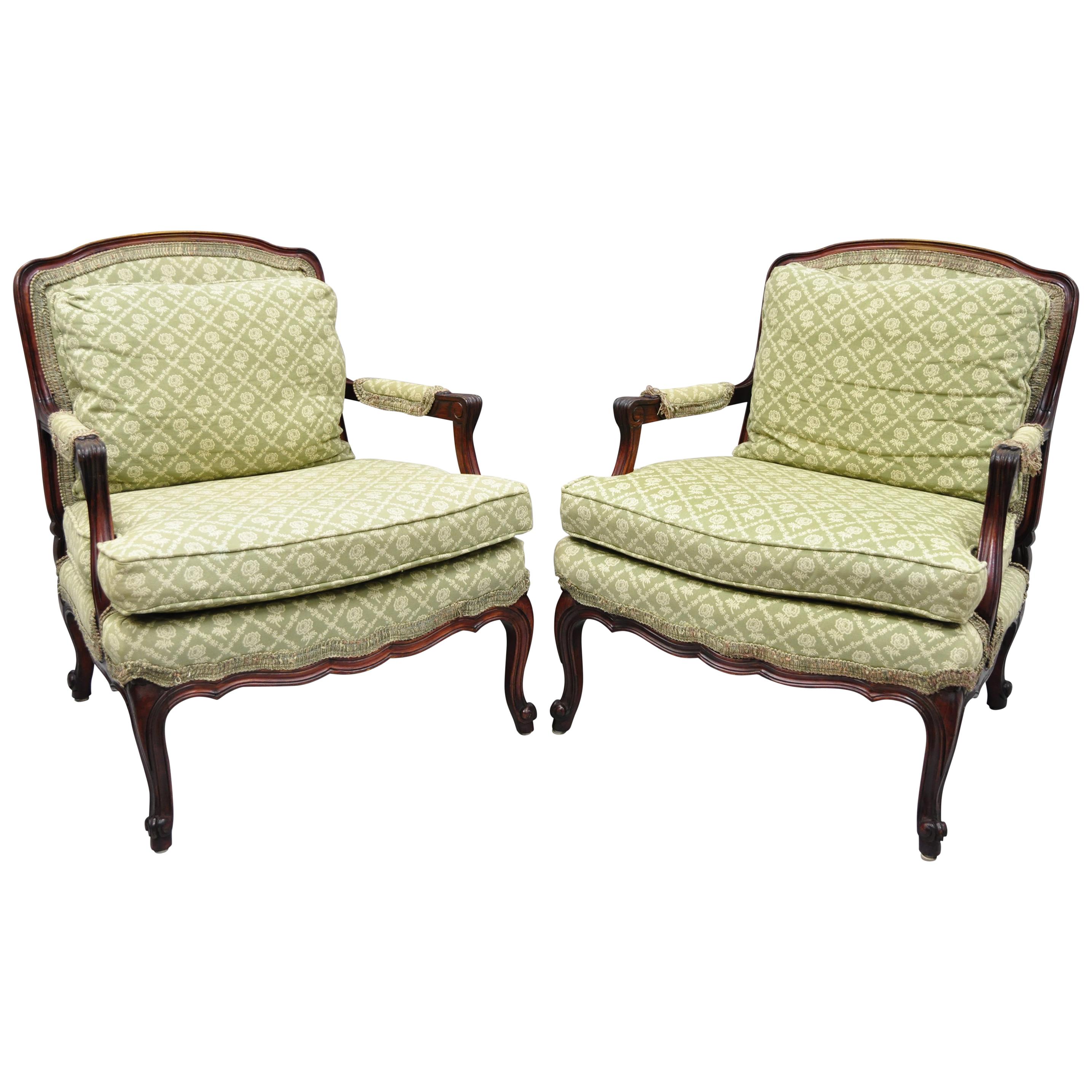 Pair of French Country Louis XV Style Mahogany Bergere Chairs Armchairs