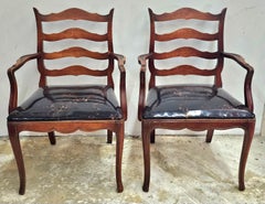Pair of French Country Mahogany and Upholstered Ladderback Armchairs