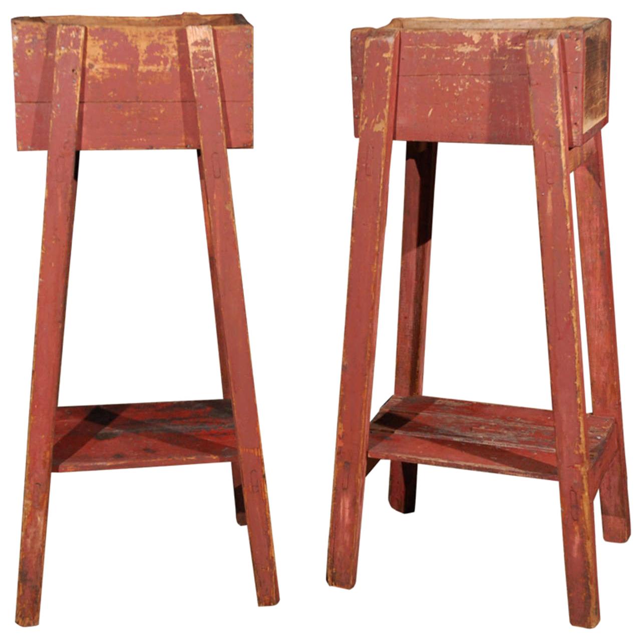 Pair of French Country Red Painted Wooden Planters on Long Splayed Legs
