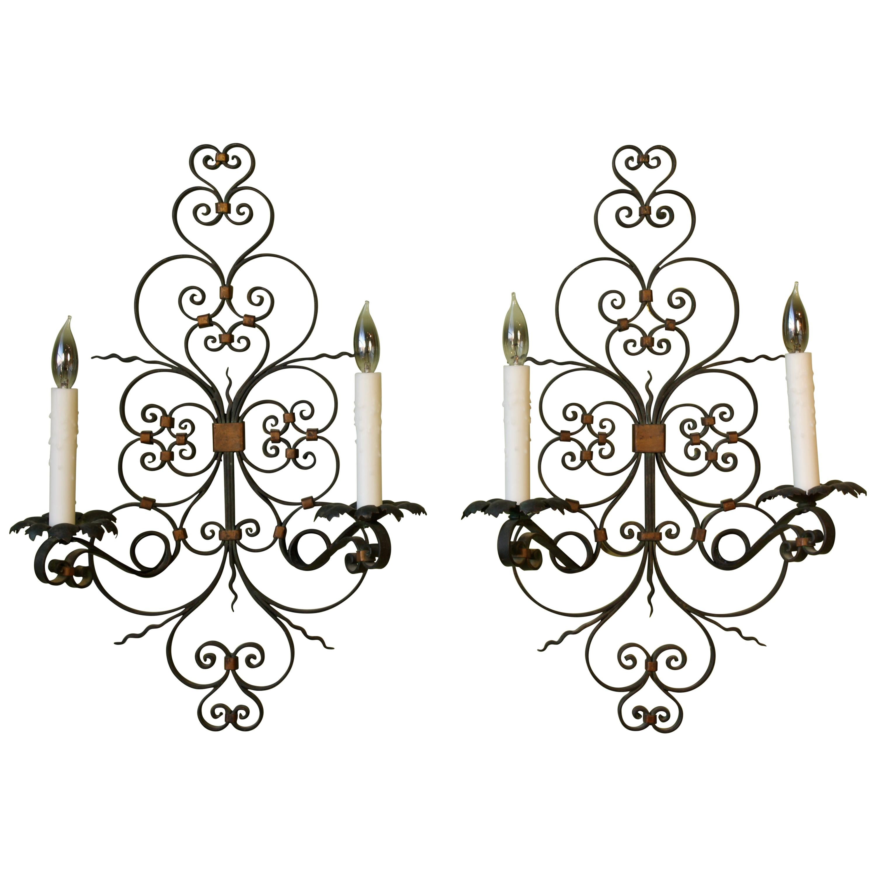 Pair of French Country Wrought Iron Sconces For Sale