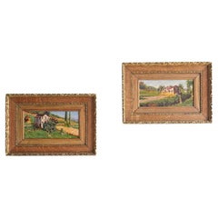 Antique Pair of French Countryside Oil Paintings in Orignal Frames, by Alfred Blondear