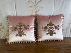 Pair of French Couture Blush Silk Velvet Pillows with 19th Century Appliques'