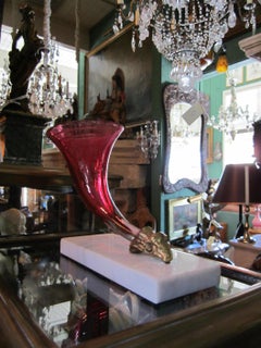 Pair of French Cranberry Opaline Rhython Vases on White Marble Bases Antiques LA