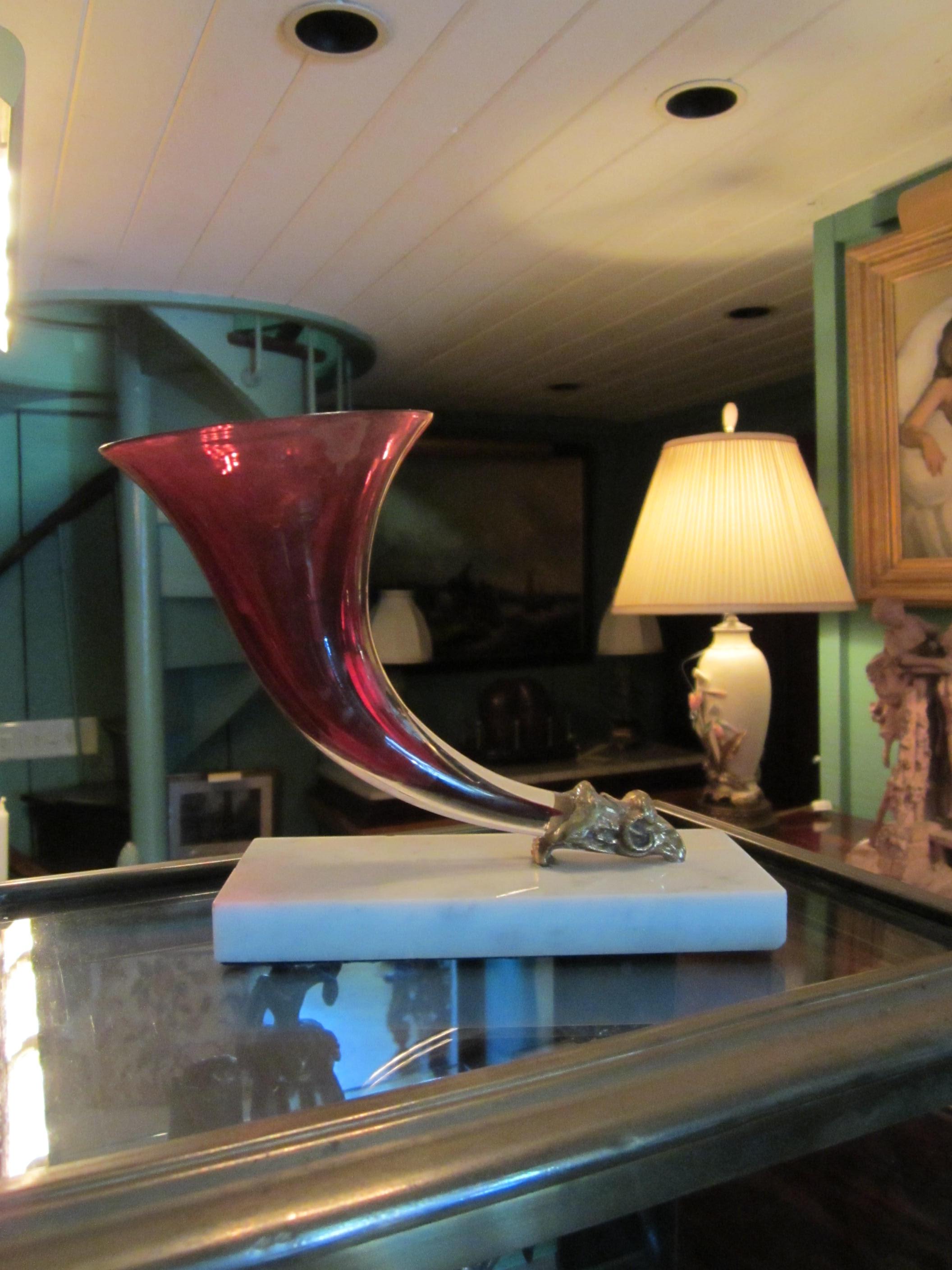 Opaline Glass Pair of French Cranberry Opaline Rhython Vases on White Marble Bases Antiques LA