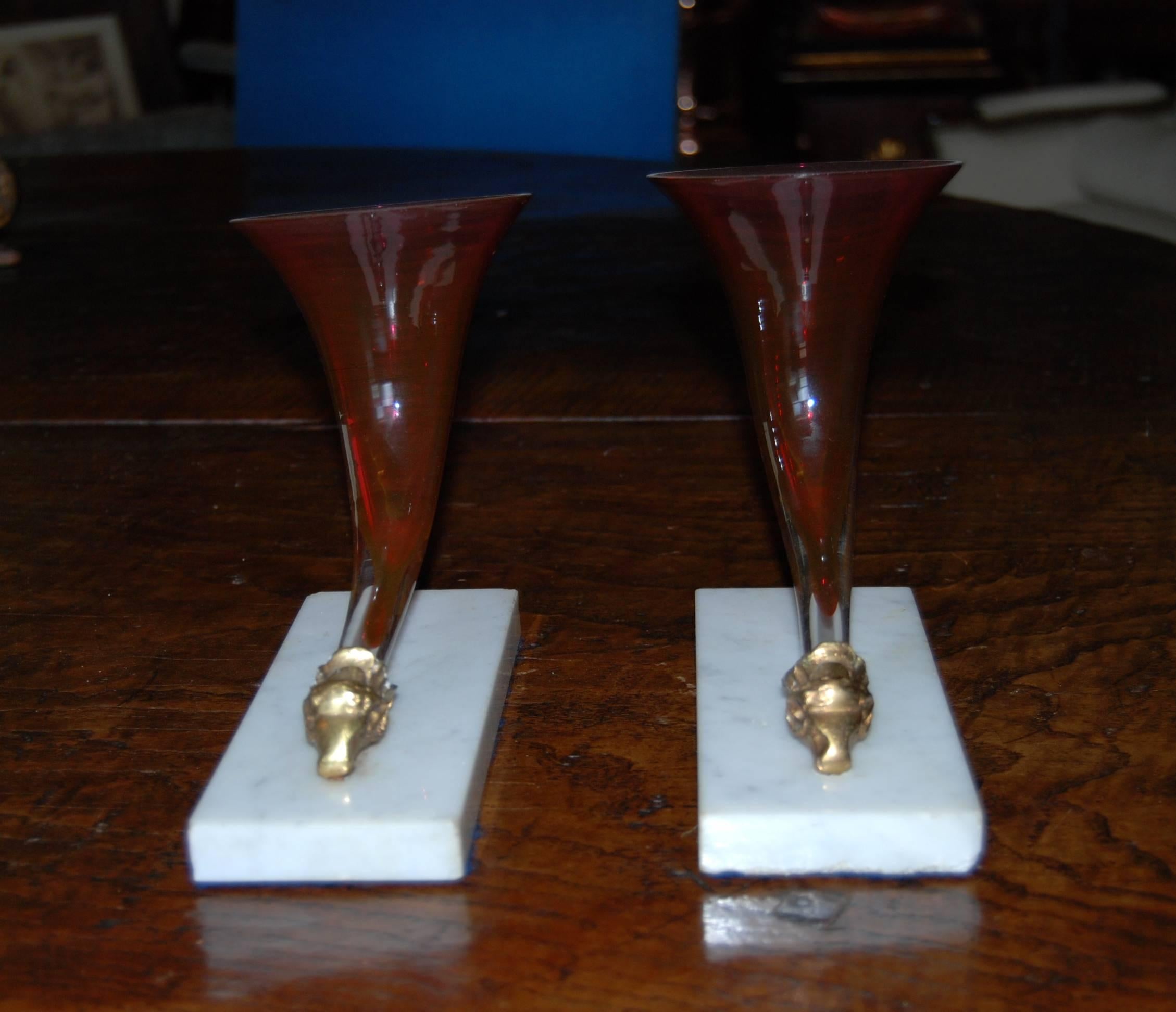Pair of French Cranberry Opaline Rhython Vases on White Marble Bases Antiques LA 2