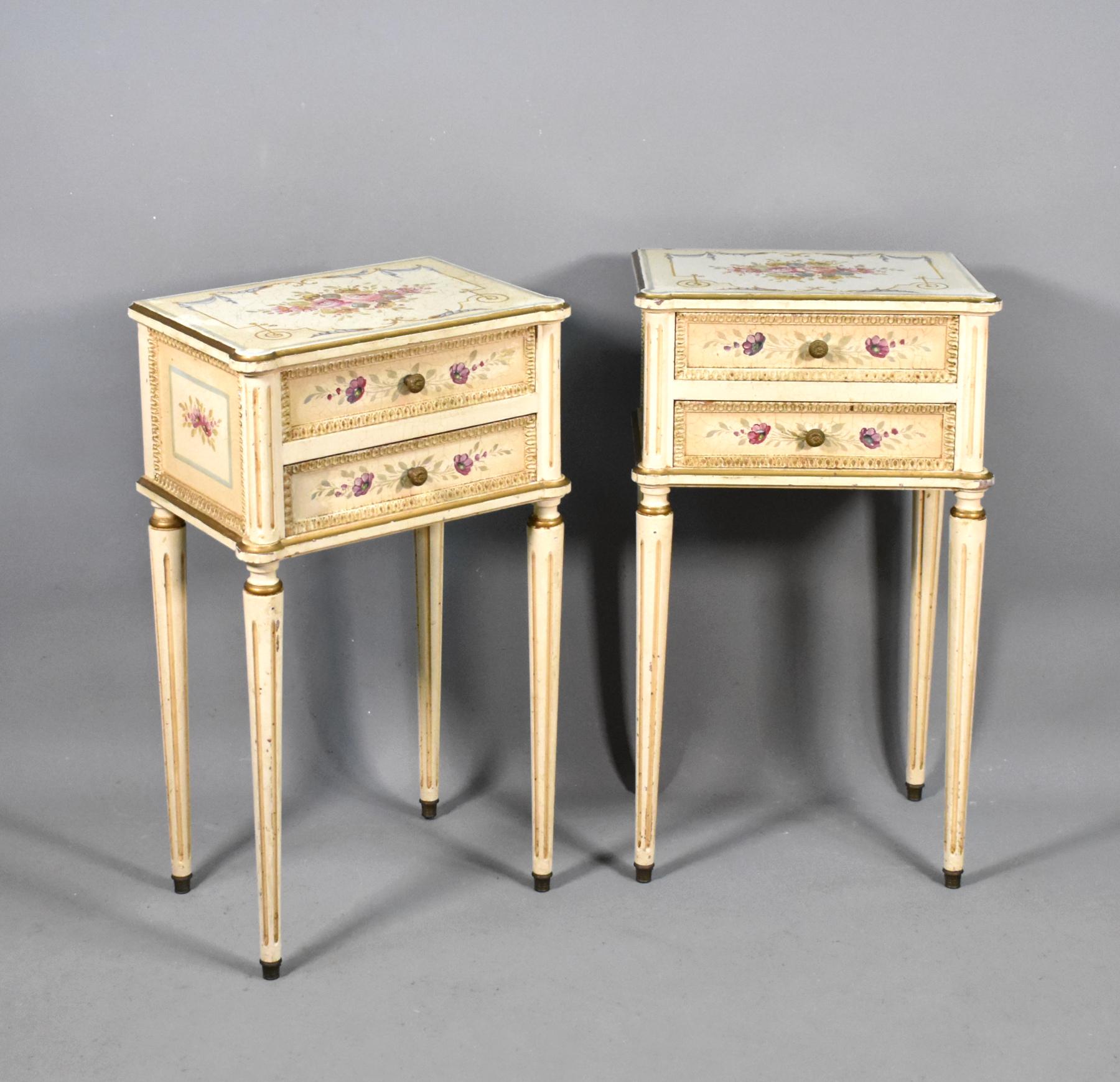 Pair of French Craquelure bedside cabinets Louis XVI Revival, Mid Century, 1950s 

This delightful pair of petite painted bedside cabinets feature delicately painted floral imagery throughout over a cream craquelure surface. 

With two drawers,