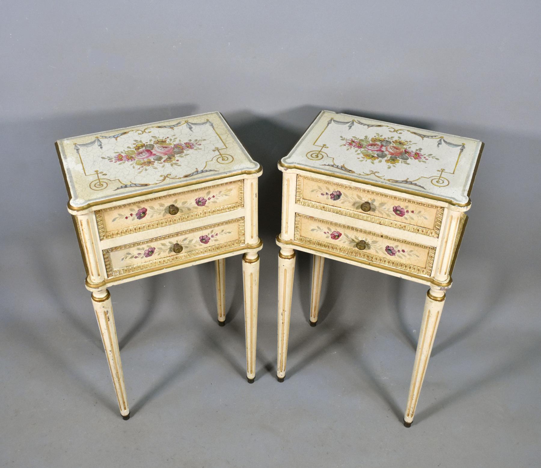 Painted Pair of French Craquelure Nightstands