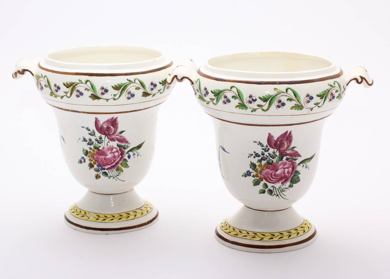 Pair of French Creamware Vases, Flower Decoration, circa 1800 For Sale 3