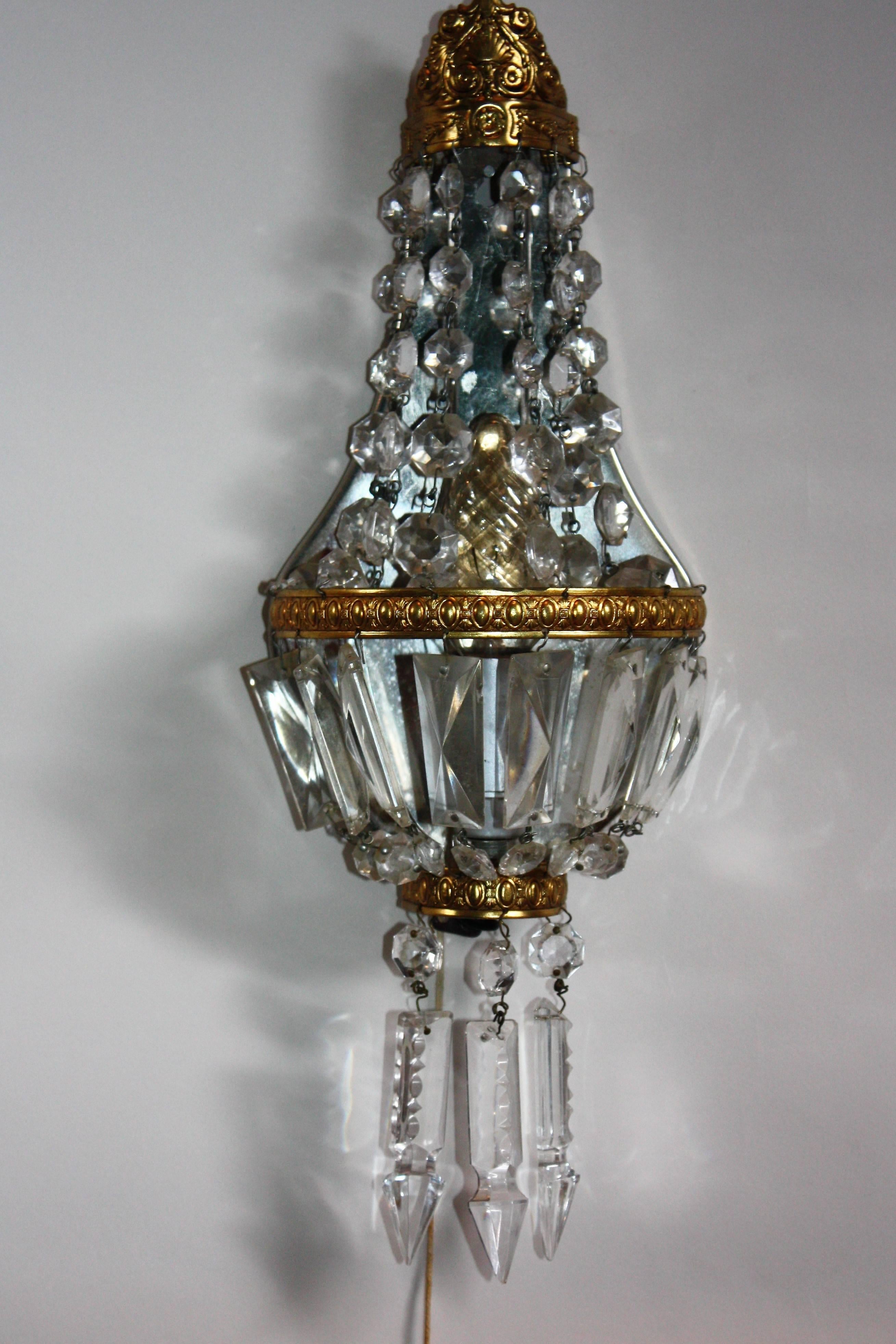 Baroque Pair of French Crystal and Brass Wall Sconces, circa 1930s
