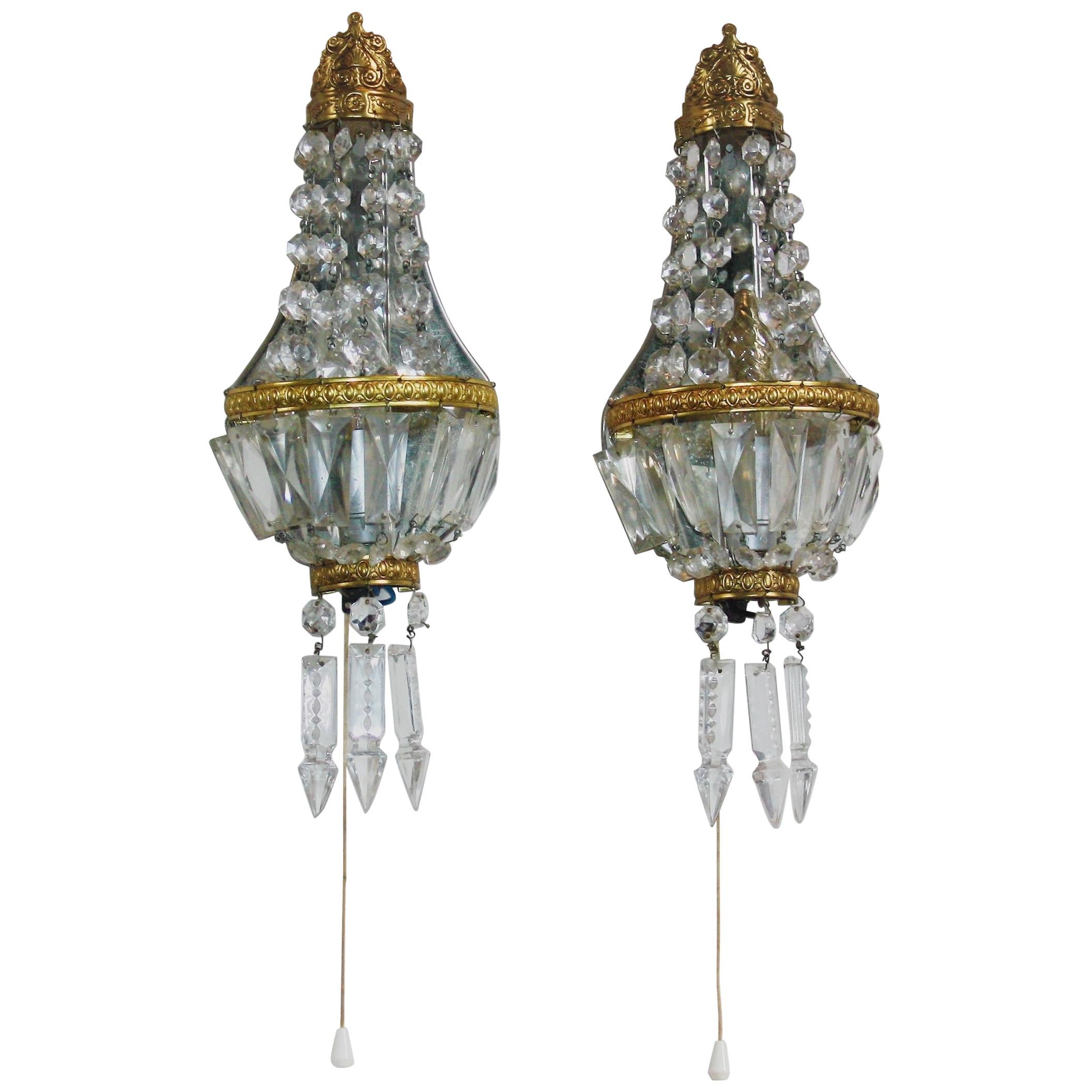 Pair of French Crystal and Brass Wall Sconces, circa 1930s