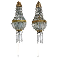 Pair of French Crystal and Brass Wall Sconces, circa 1930s