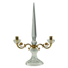 Pair of French Crystal and Bronze Doré Two-Light Candelabra