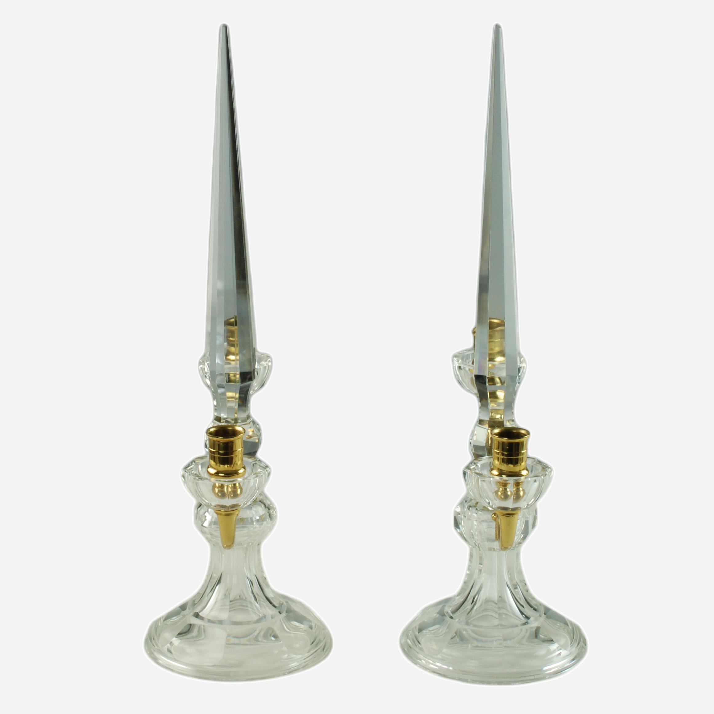 Faceted Pair of French Crystal and Bronze Doré Two-Light Candelabra For Sale