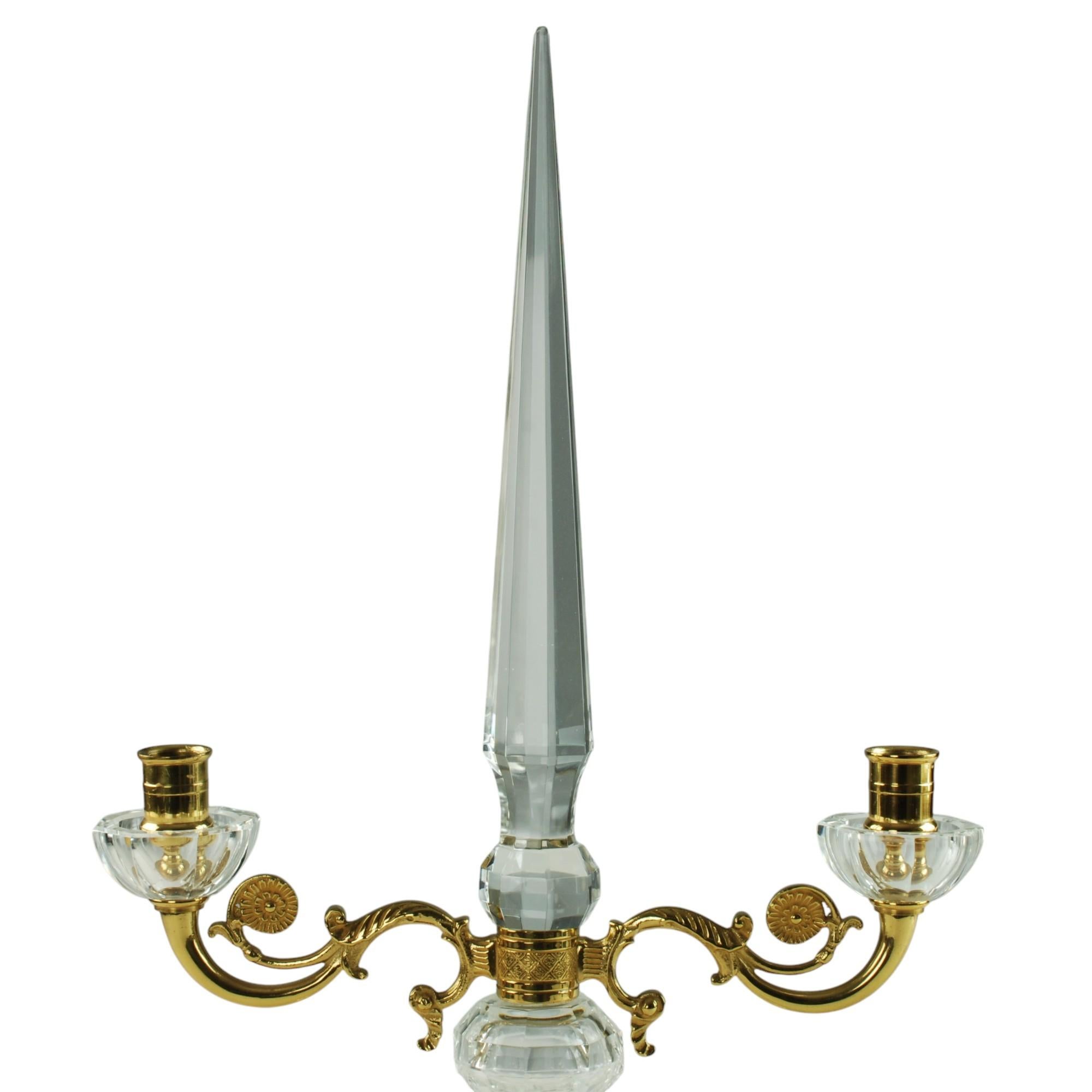 Faceted Pair of French Crystal and Bronze Doré Two-Light Candelabra For Sale