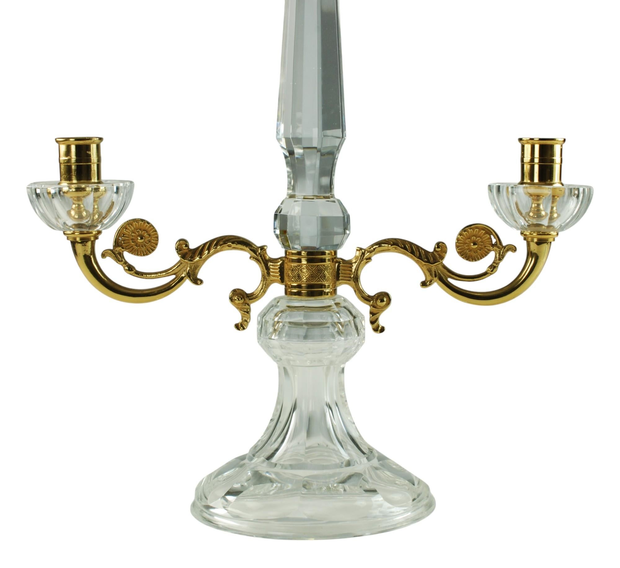 Pair of French Crystal and Bronze Doré Two-Light Candelabra In Good Condition For Sale In Cincinnati, OH