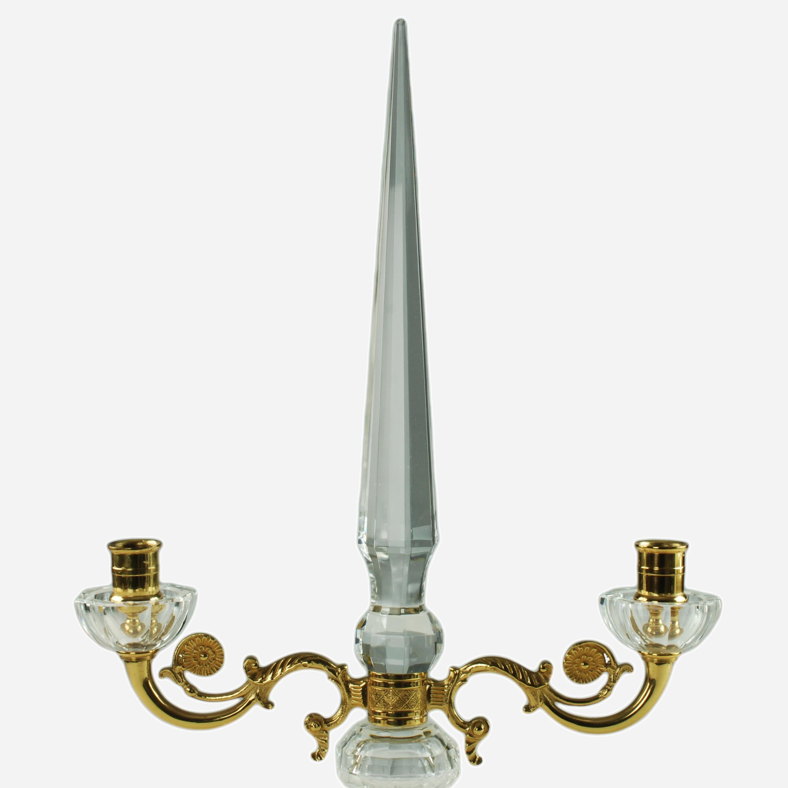 20th Century Pair of French Crystal and Bronze Doré Two-Light Candelabra For Sale