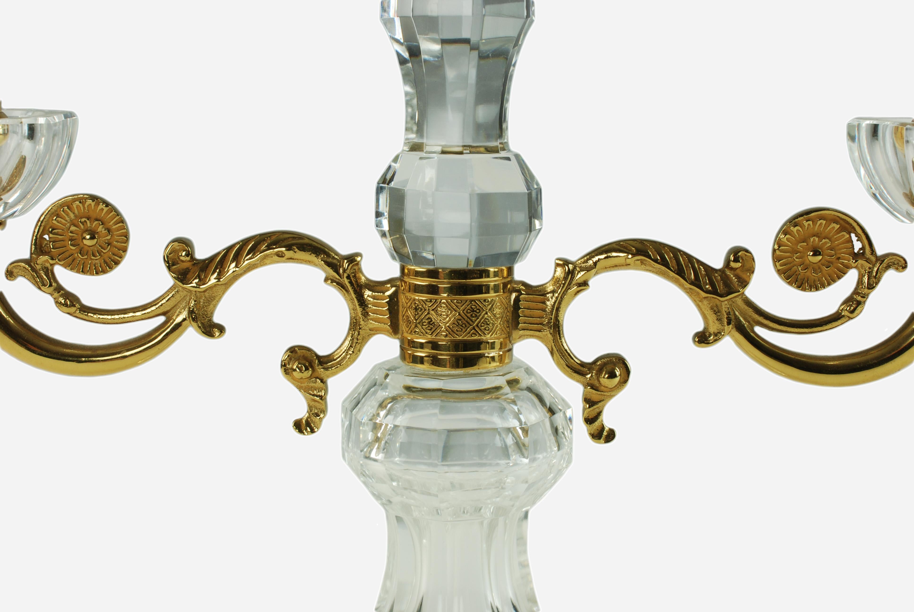 Pair of French Crystal and Bronze Doré Two-Light Candelabra For Sale 1