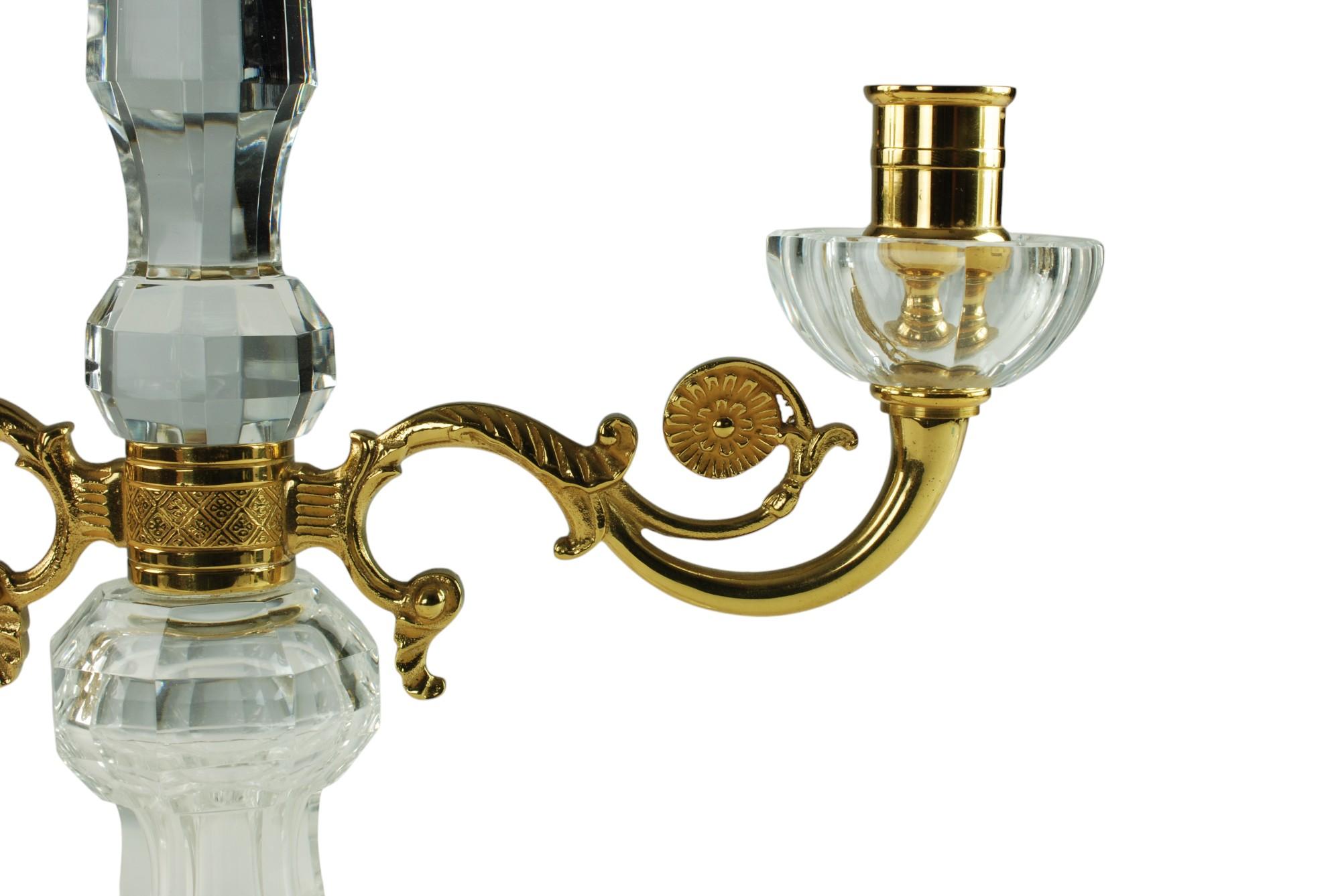 Pair of French Crystal and Bronze Doré Two-Light Candelabra For Sale 1