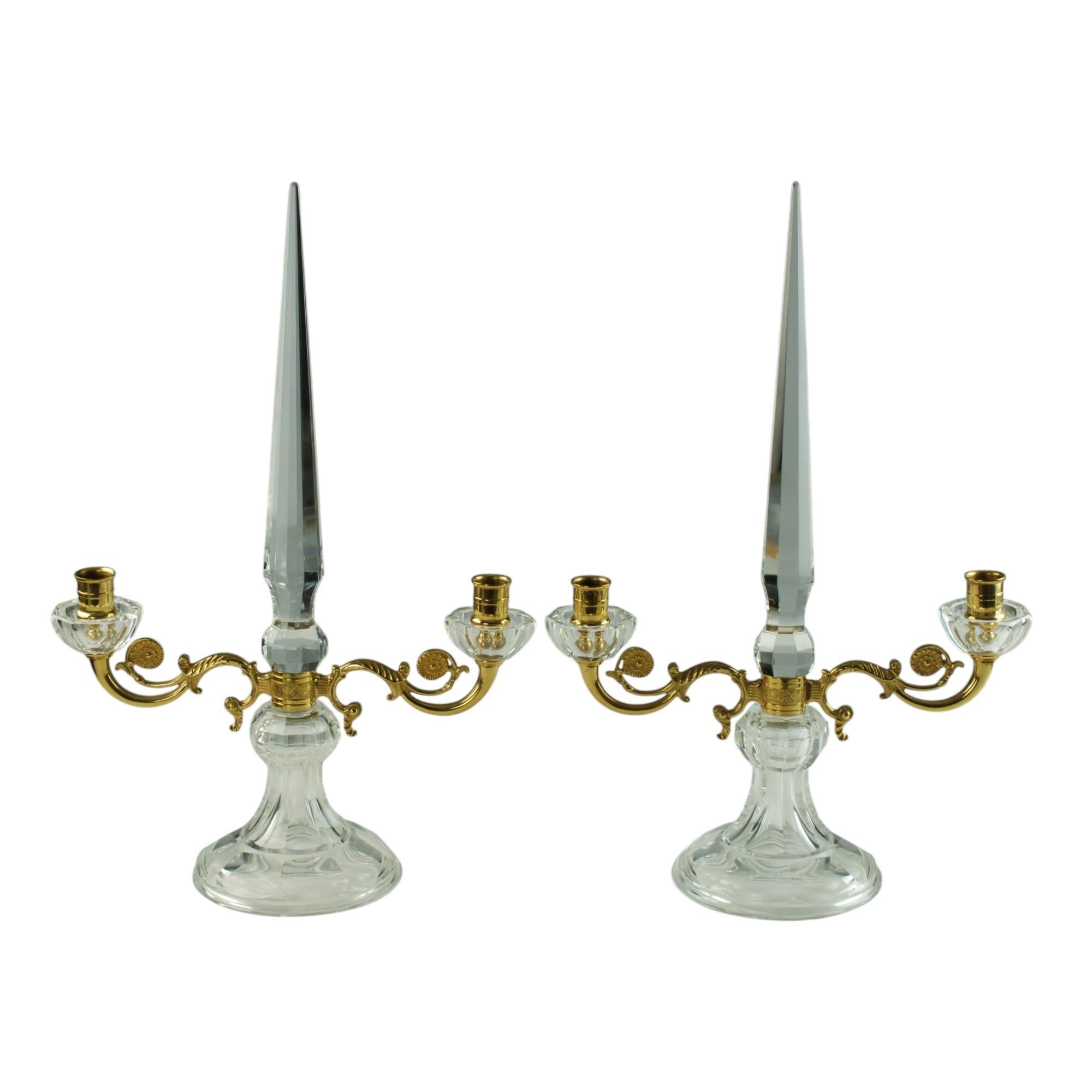 Pair of French Crystal and Bronze Doré Two-Light Candelabra For Sale 4