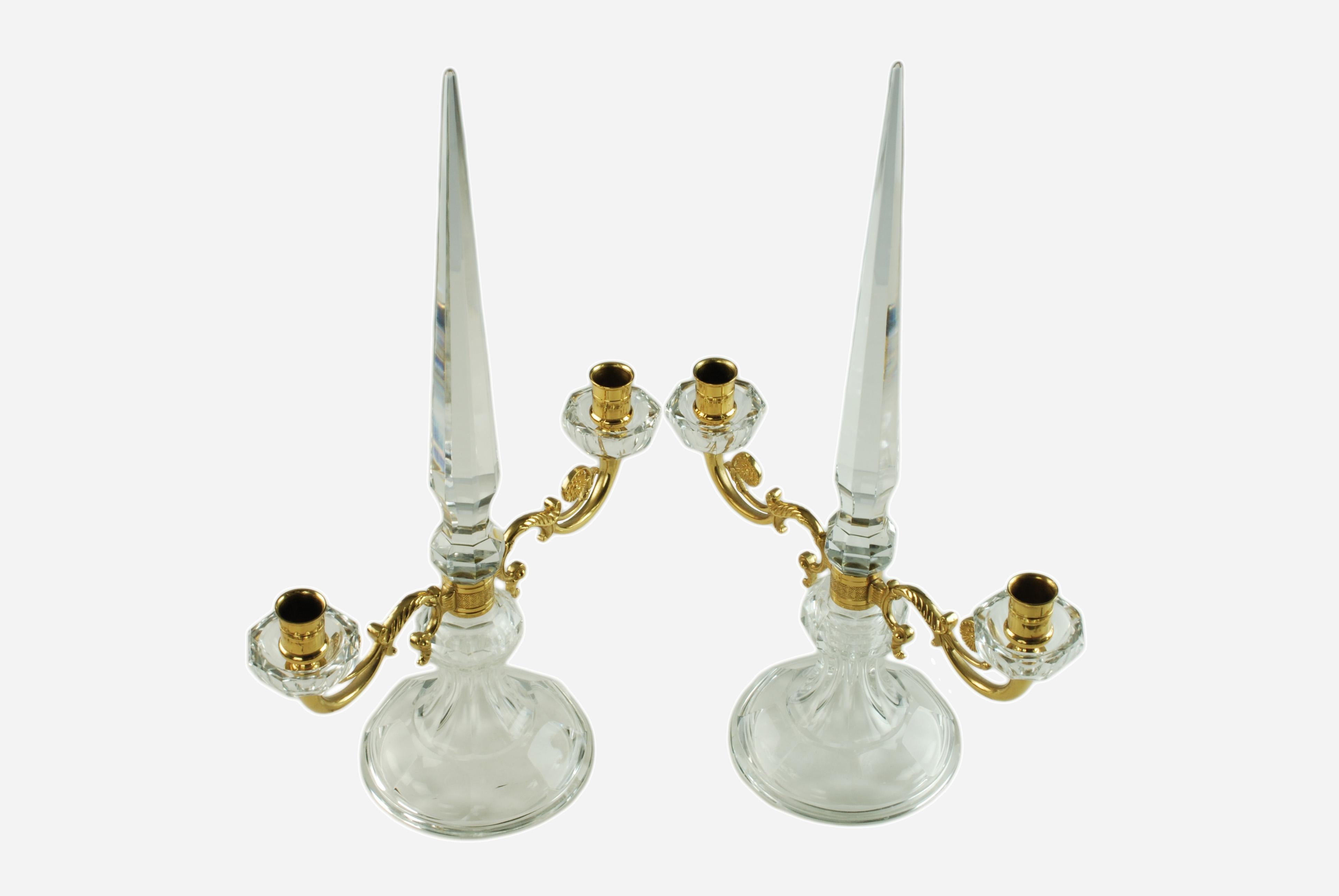 Pair of French Crystal and Bronze Doré Two-Light Candelabra For Sale 4