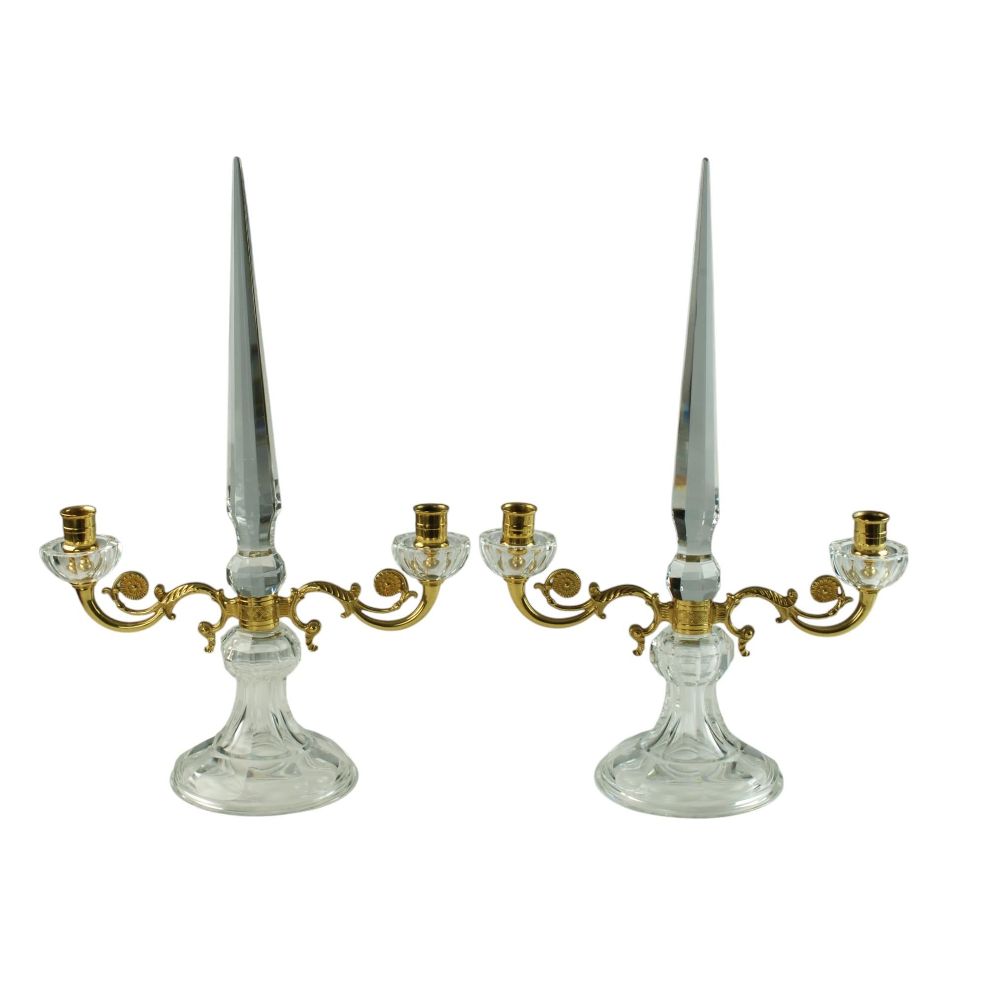 Pair of French Crystal and Bronze Doré Two-Light Candelabra For Sale 6