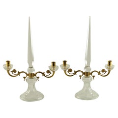Pair of French Crystal and Bronze Doré Two-Light Candelabra