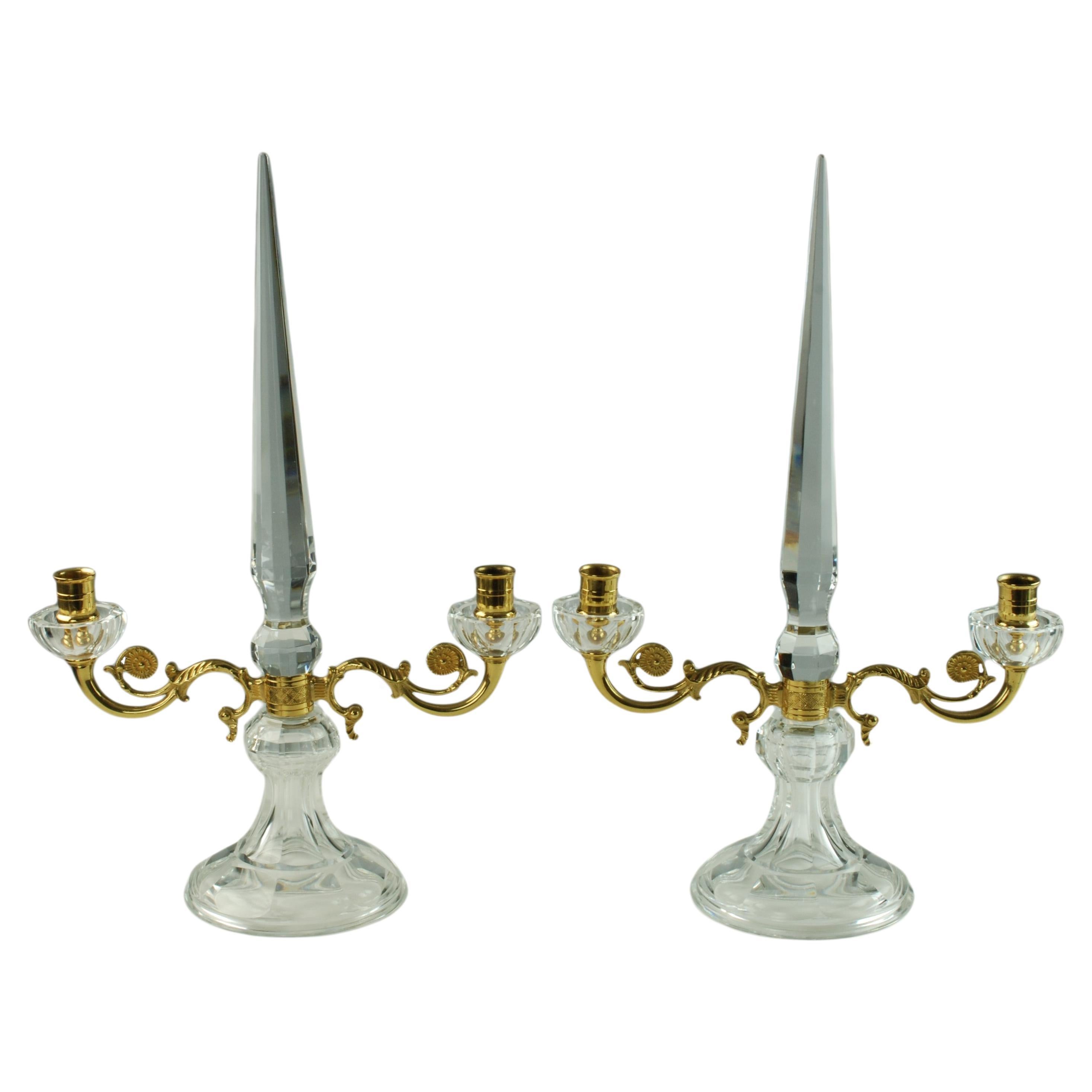 Pair of French Crystal and Bronze Doré Two-Light Candelabra For Sale