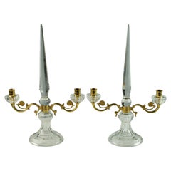 Retro Pair of French Crystal and Bronze Doré Two-Light Candelabra