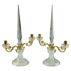 Pair of French Crystal and Bronze Doré Two-Light Candelabra