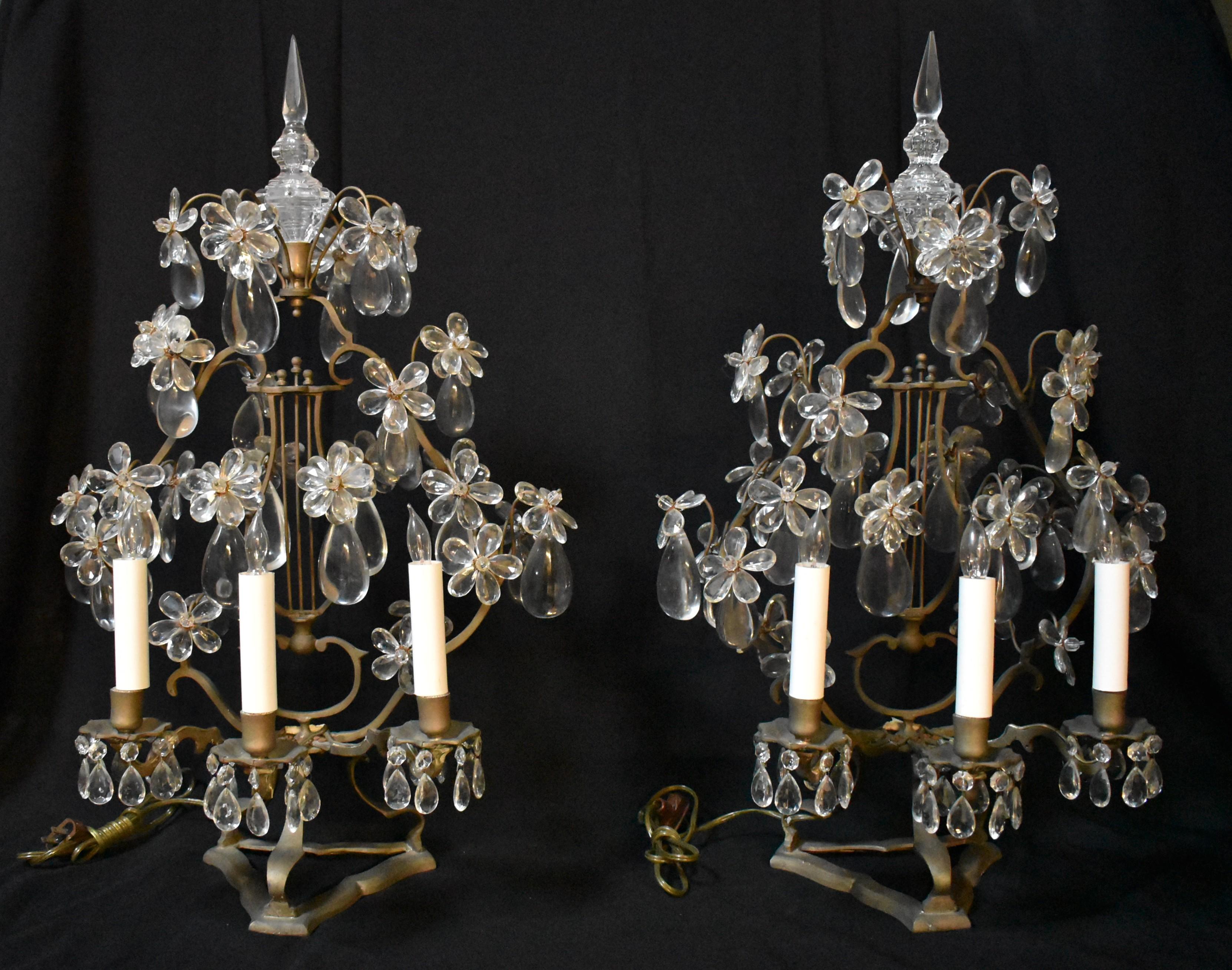 Cast Pair of French Crystal and Bronze Three Light Girandoles, 19 Century