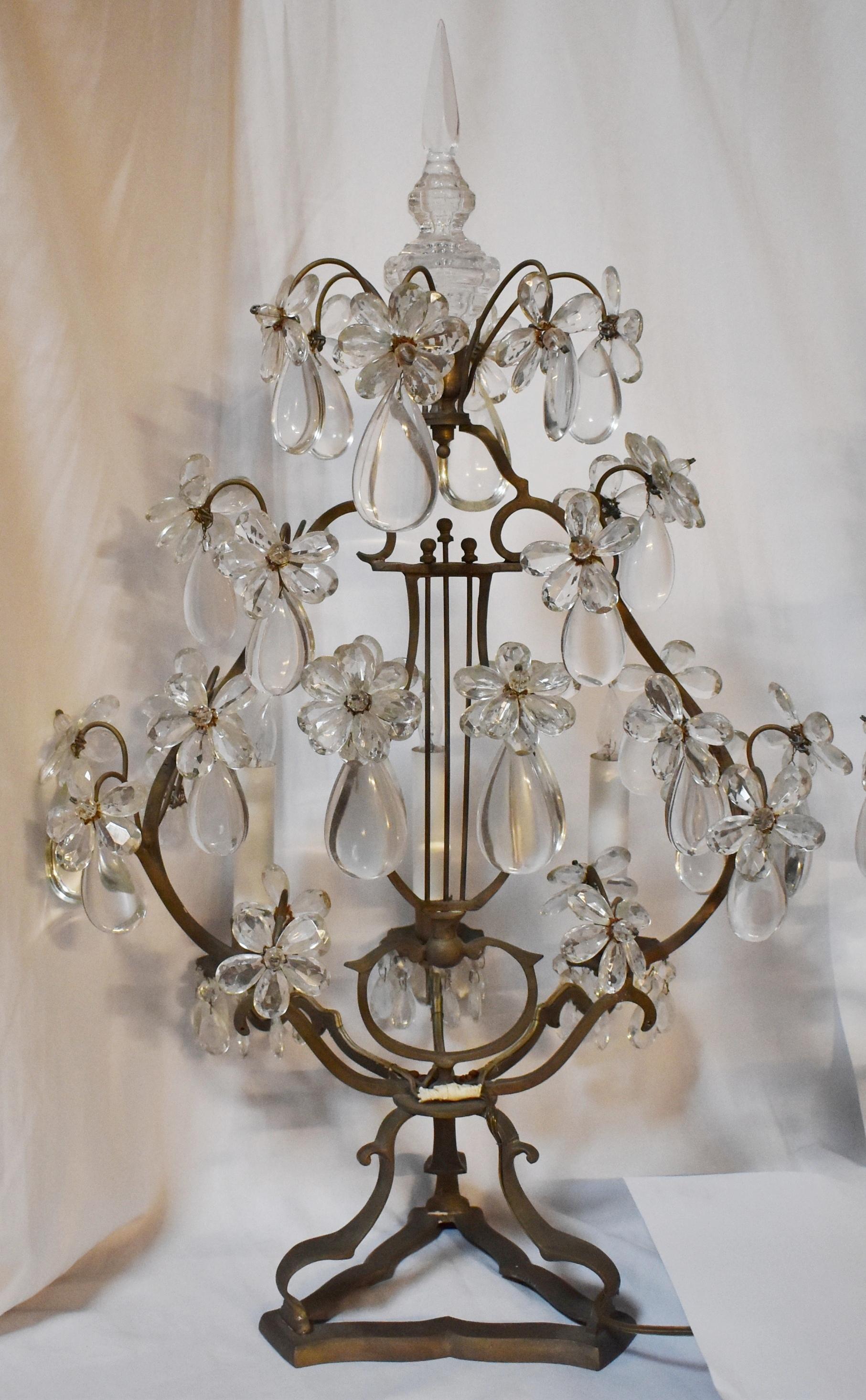Pair of French Crystal and Bronze Three Light Girandoles, 19 Century In Good Condition In Cypress, CA