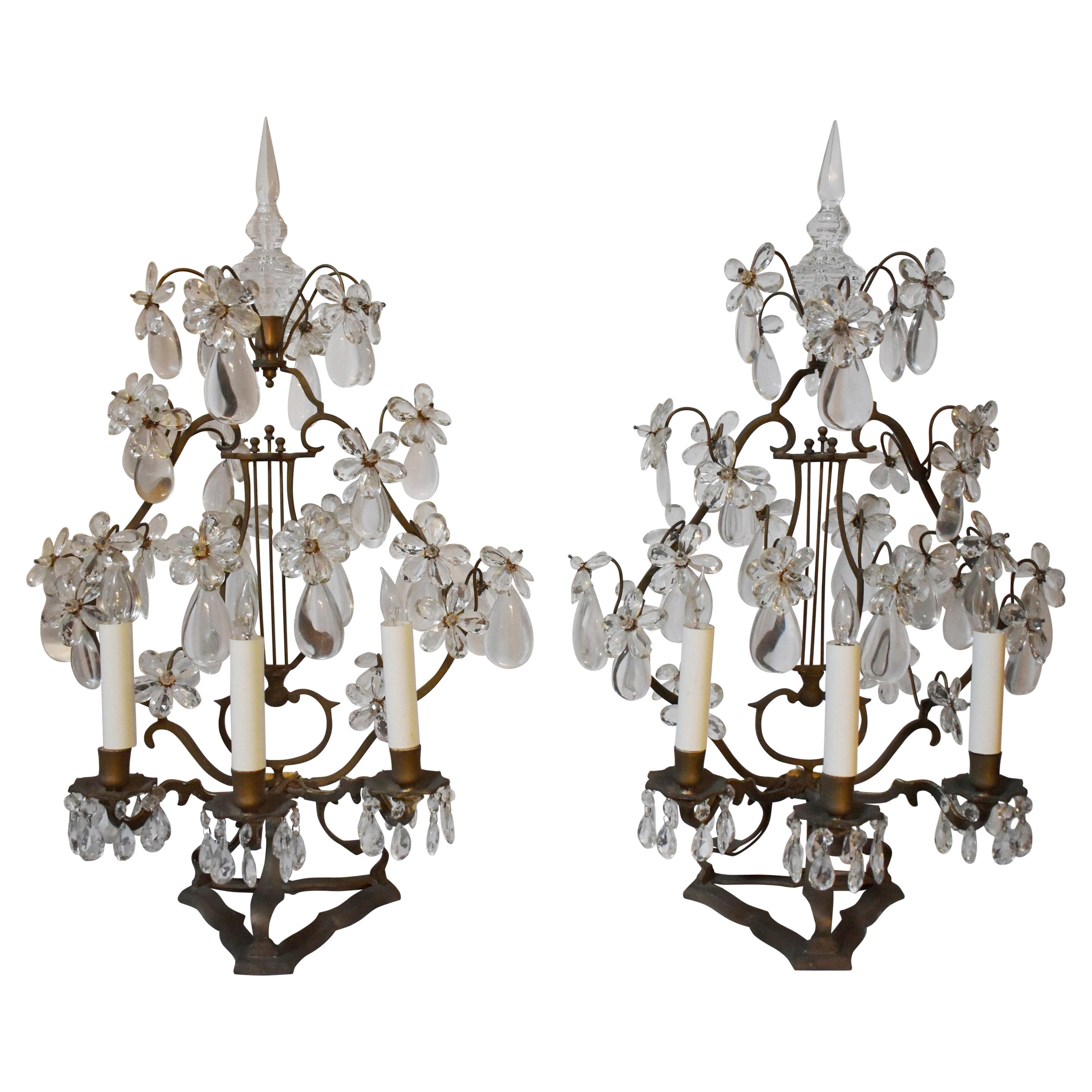 Pair of French Crystal and Bronze Three Light Girandoles, 19 Century