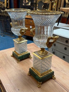 Pair of French Crystal and Bronze Vases on Malachite Bases