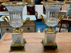 Pair of French Crystal and Bronze Vases on Malachite Bases
