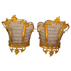Pair of French Crystal and Gilt Bronze Beaded Sconces in the Shape of Crowns