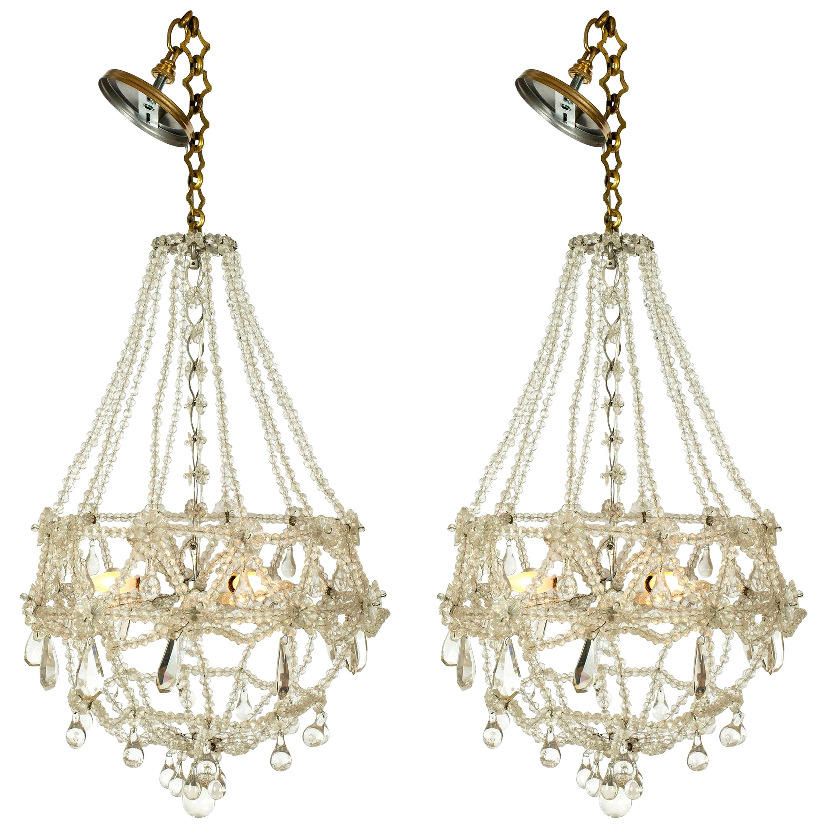 Pair of French Crystal Basket Chandeliers