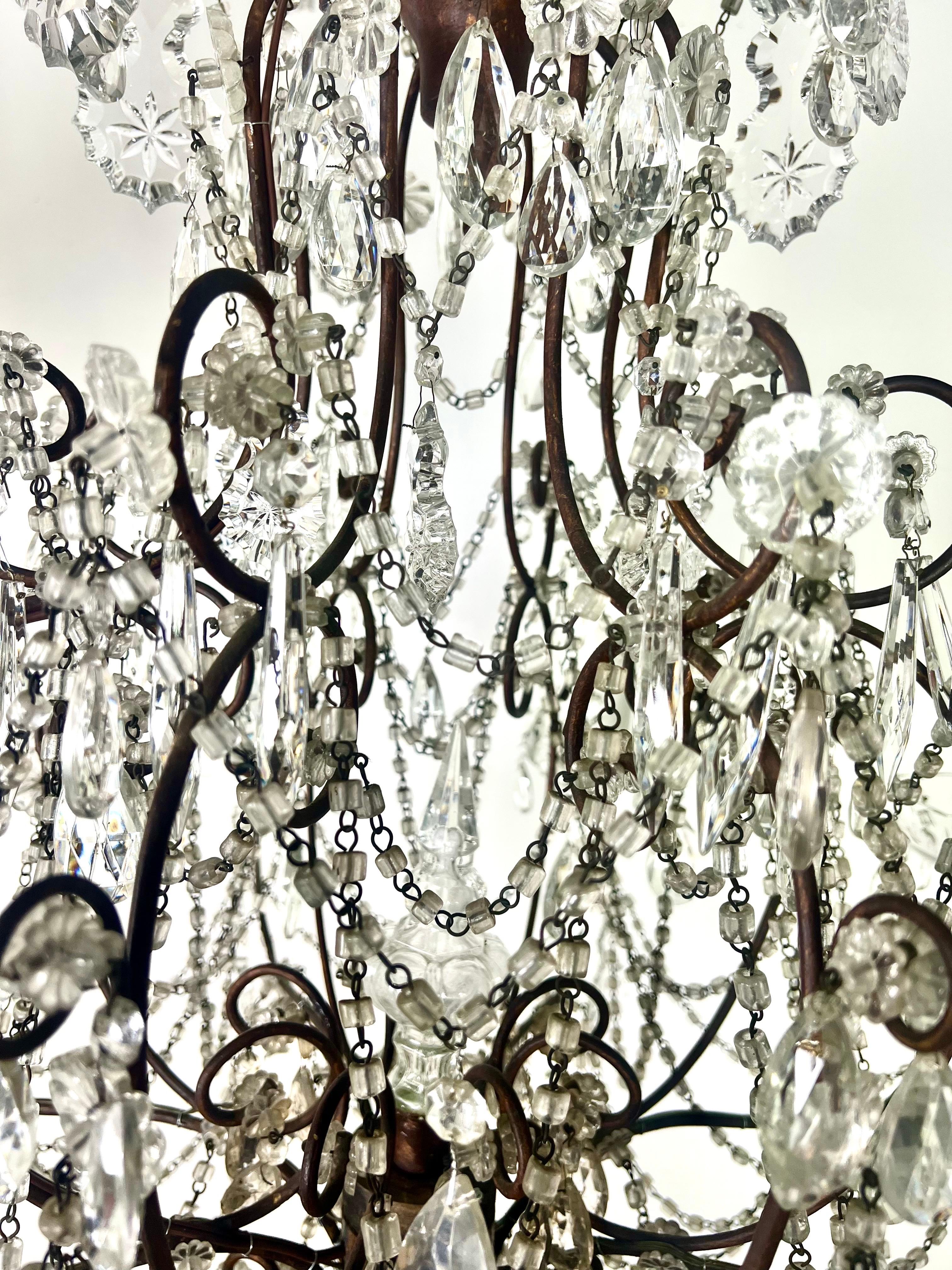 Pair of French Crystal & Beaded Chandeliers C. 1930's For Sale 4
