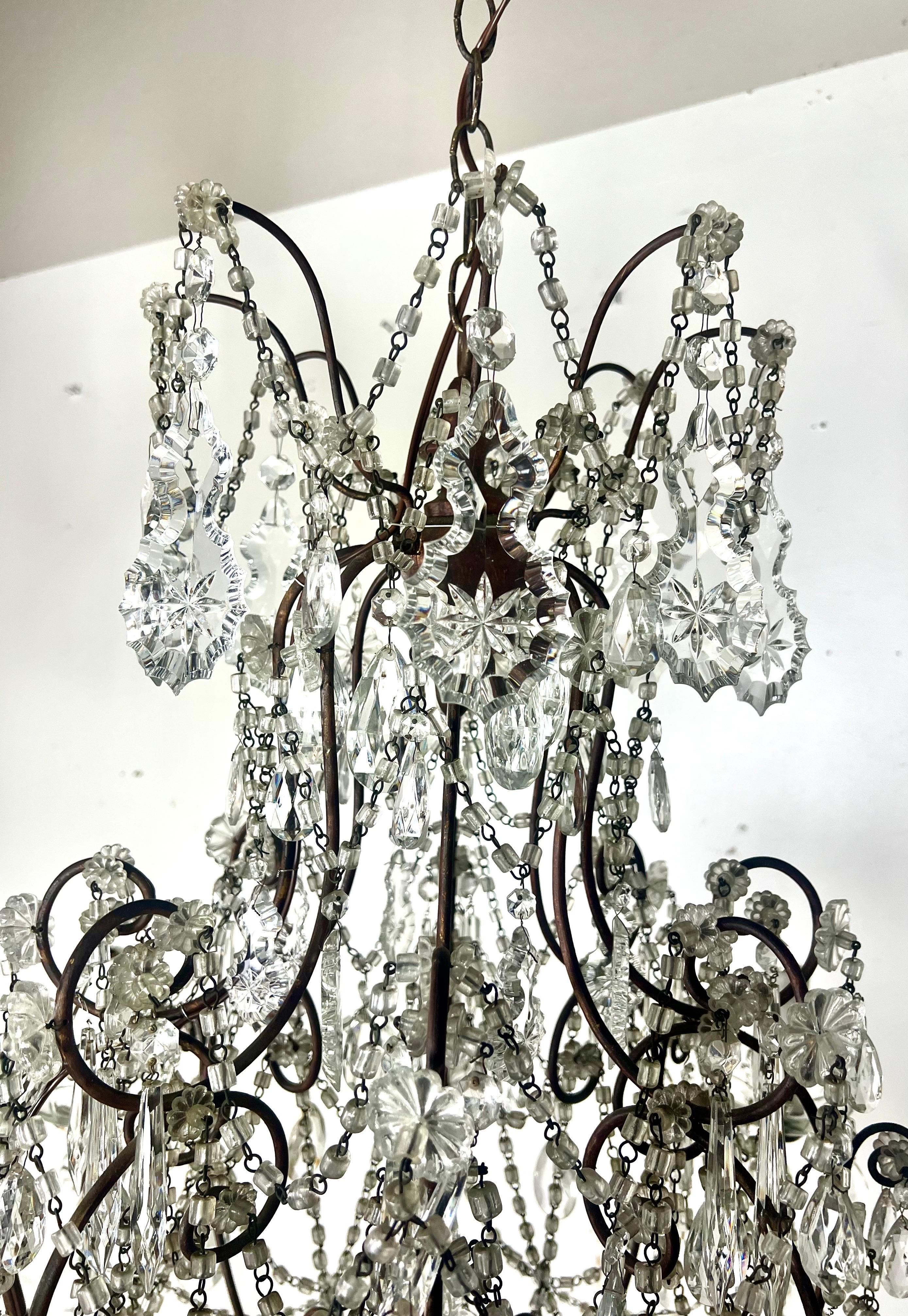 Pair of French Crystal & Beaded Chandeliers C. 1930's For Sale 5