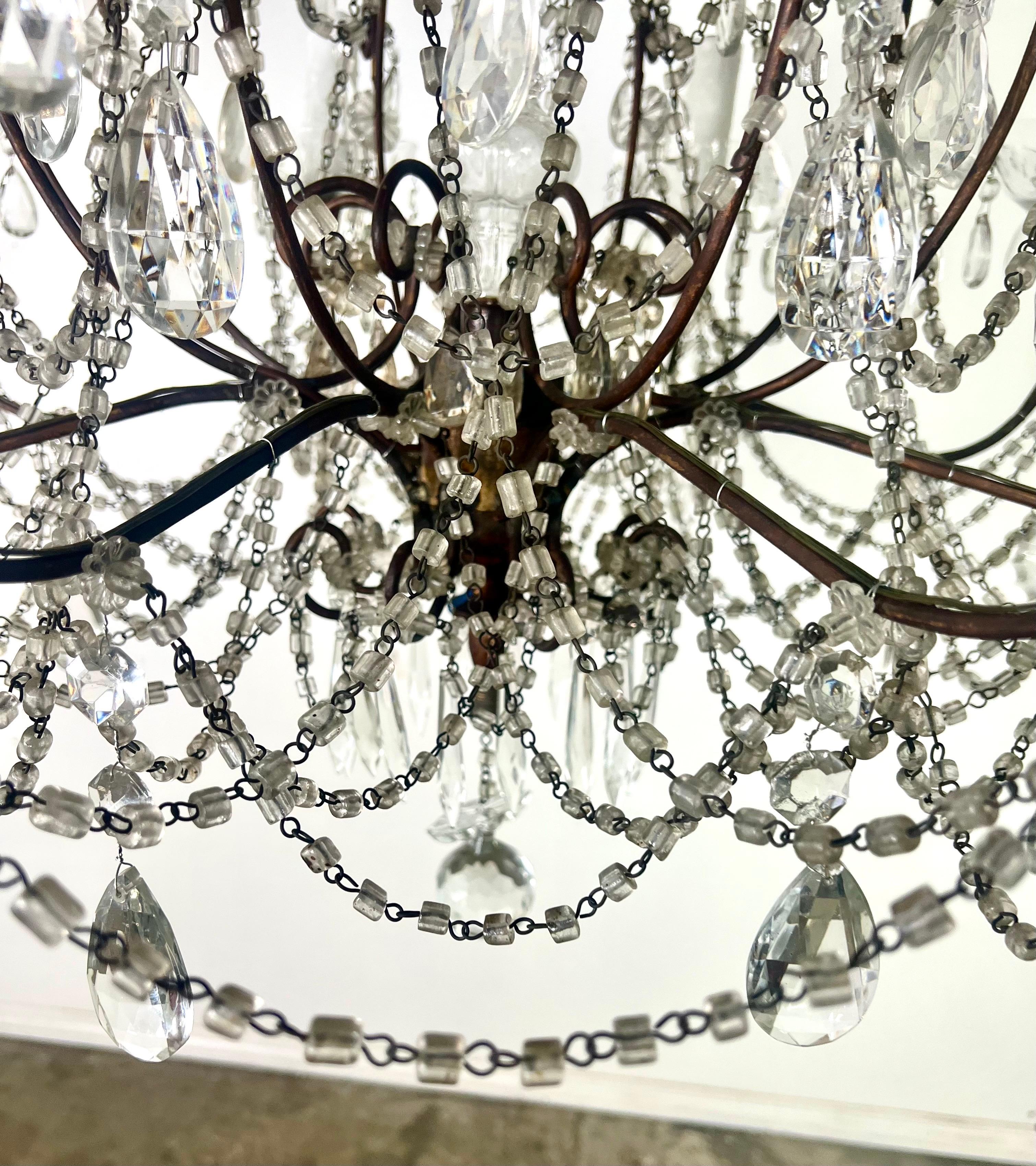 Pair of French Crystal & Beaded Chandeliers C. 1930's For Sale 8