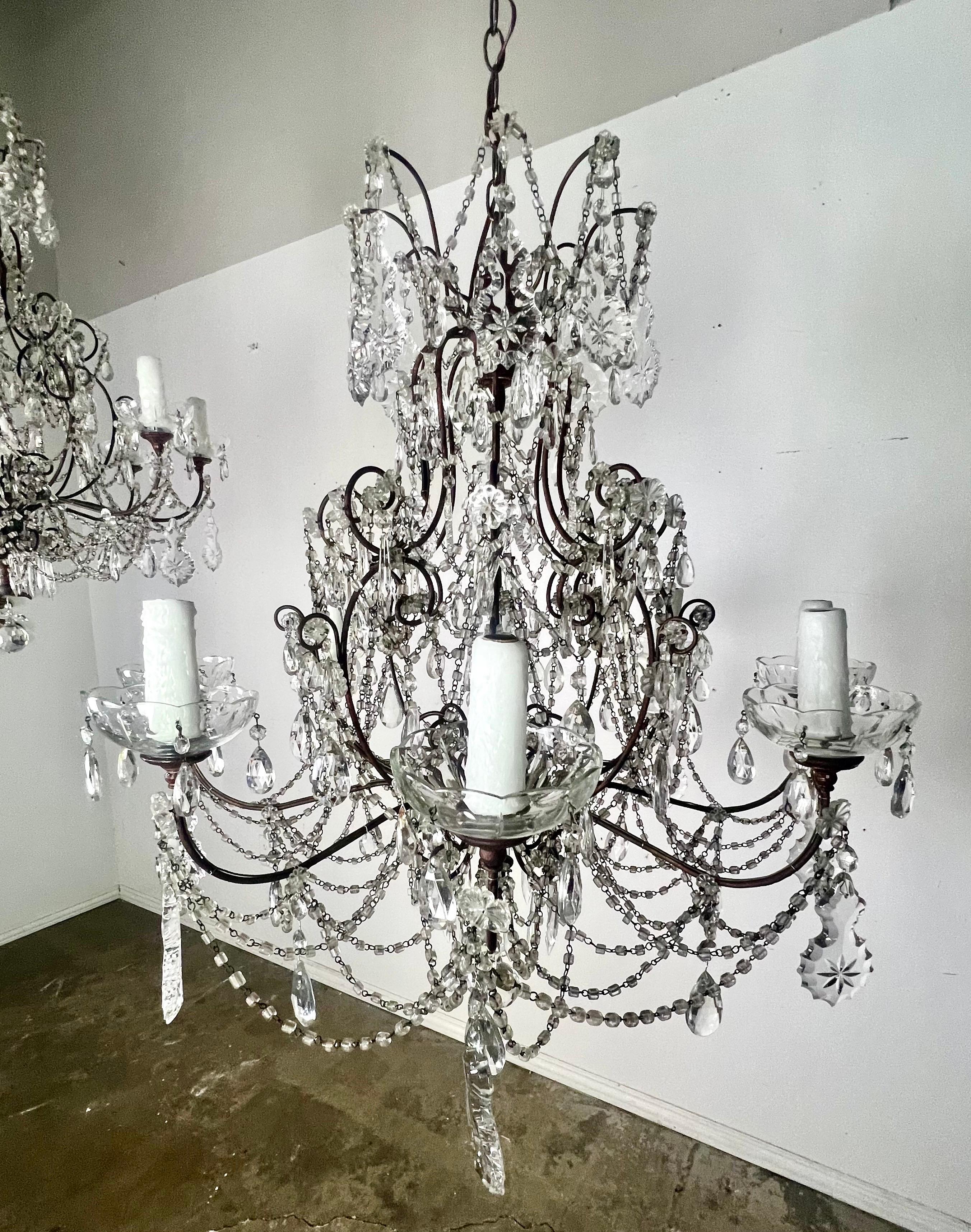 Pair of French Crystal & Beaded Chandeliers C. 1930's For Sale 11