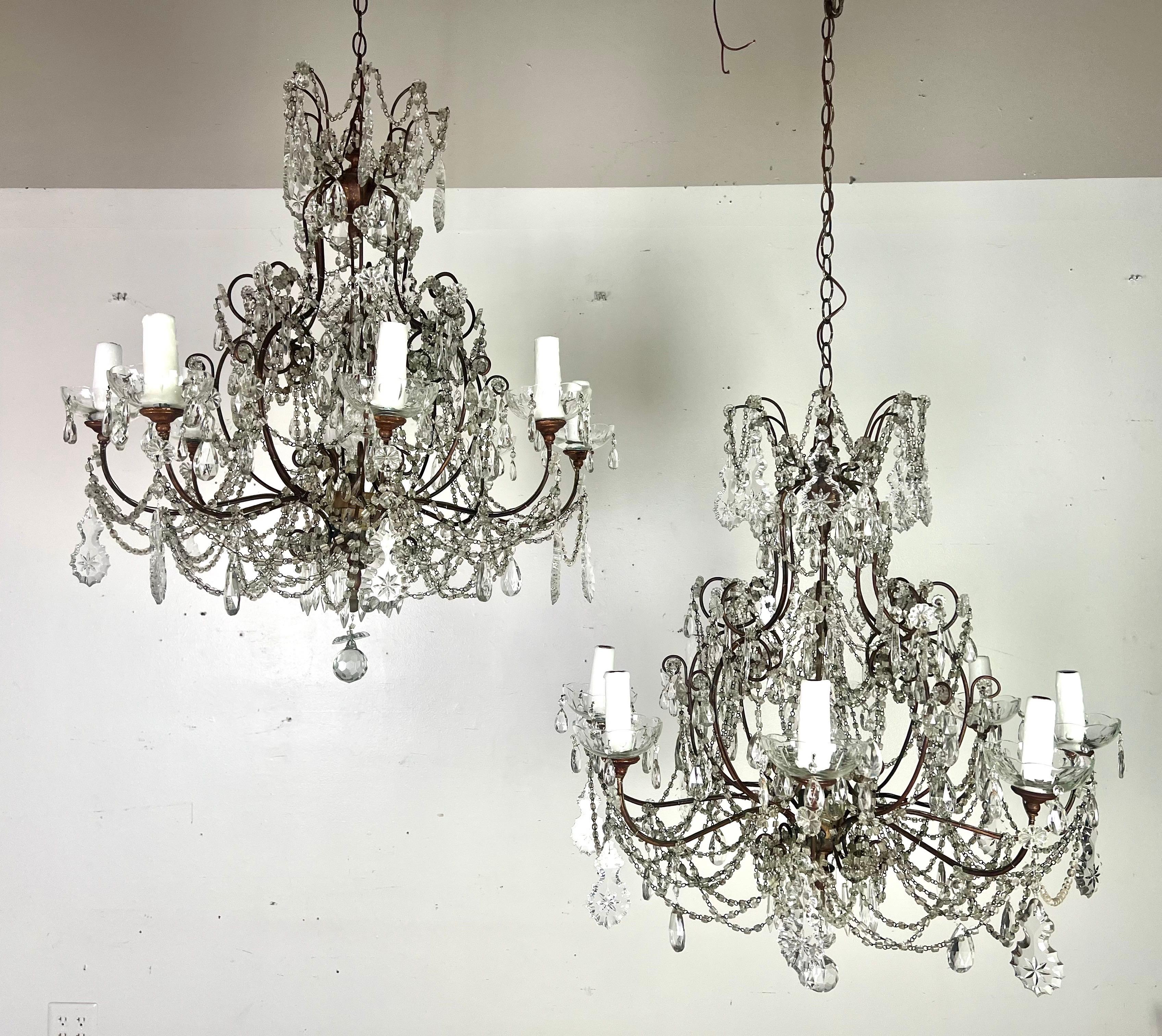 Pair of French Crystal & Beaded Chandeliers C. 1930's For Sale 14