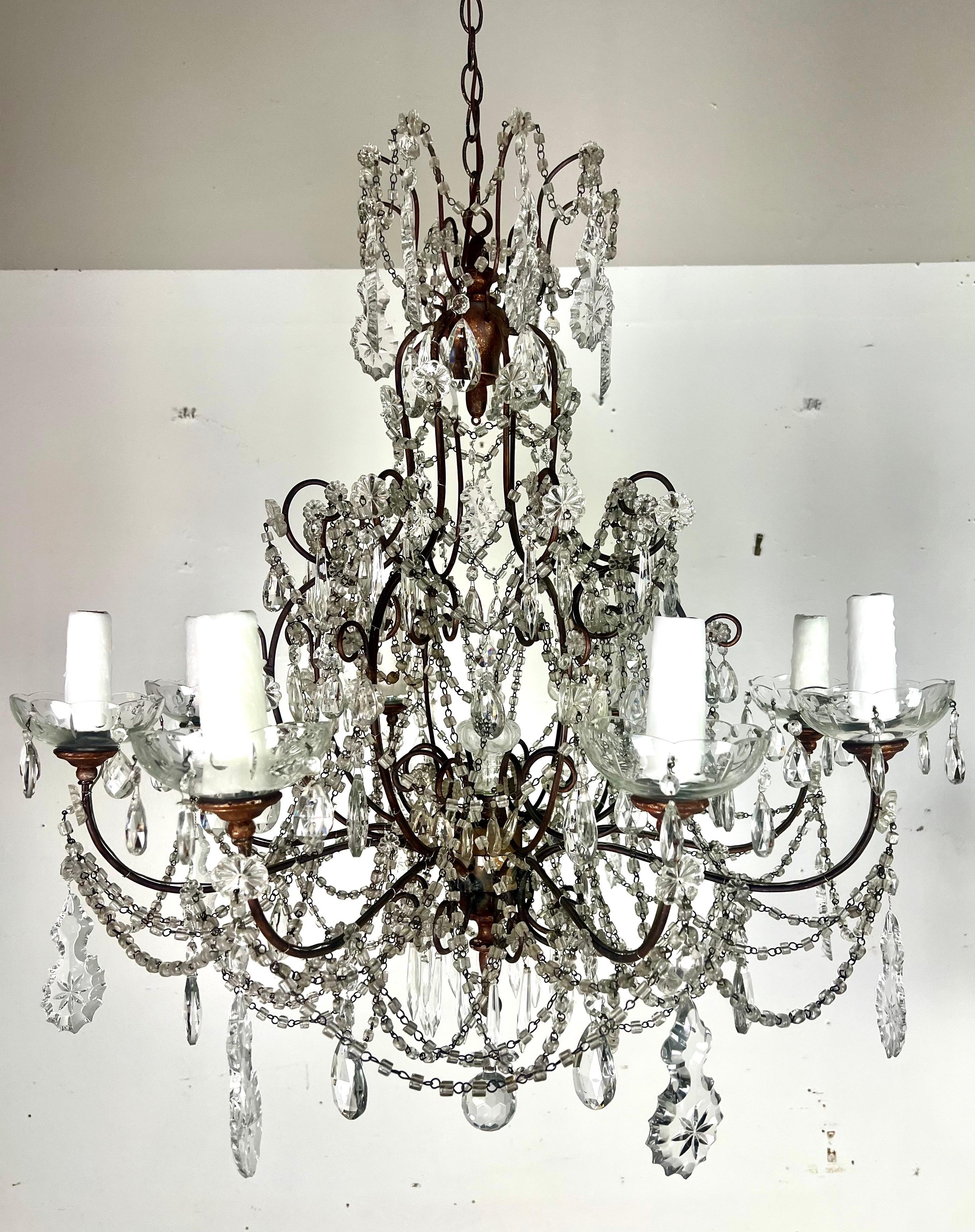 Baroque Pair of French Crystal & Beaded Chandeliers C. 1930's For Sale