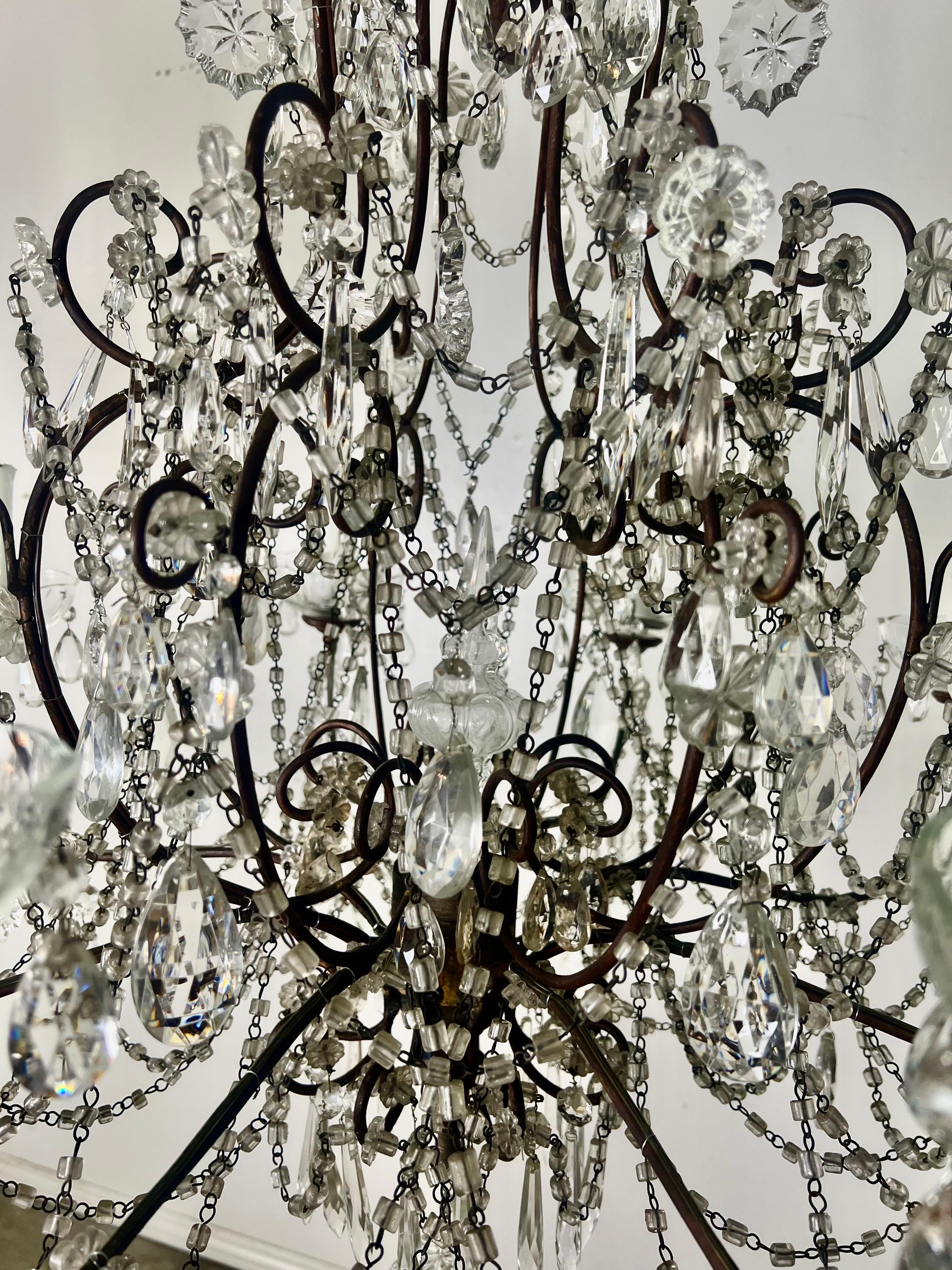 Mid-20th Century Pair of French Crystal & Beaded Chandeliers C. 1930's For Sale